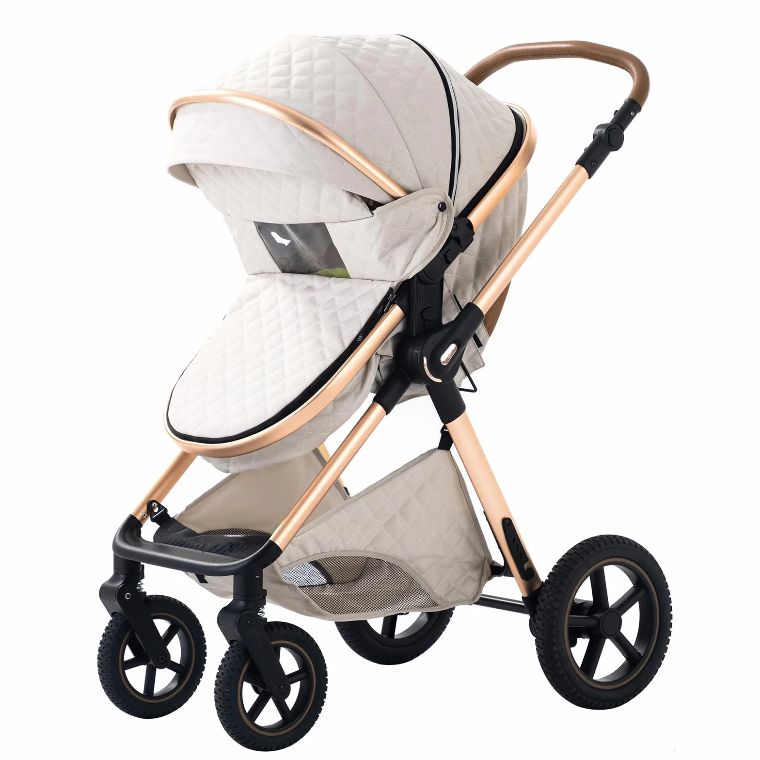 Poussette 3 en 1 Citadine Combinée Tricycle Baby Walker Haute Paysage Landau pour 0-36 Mois Pliante Trolley Bébé H2-RICEWHITE
