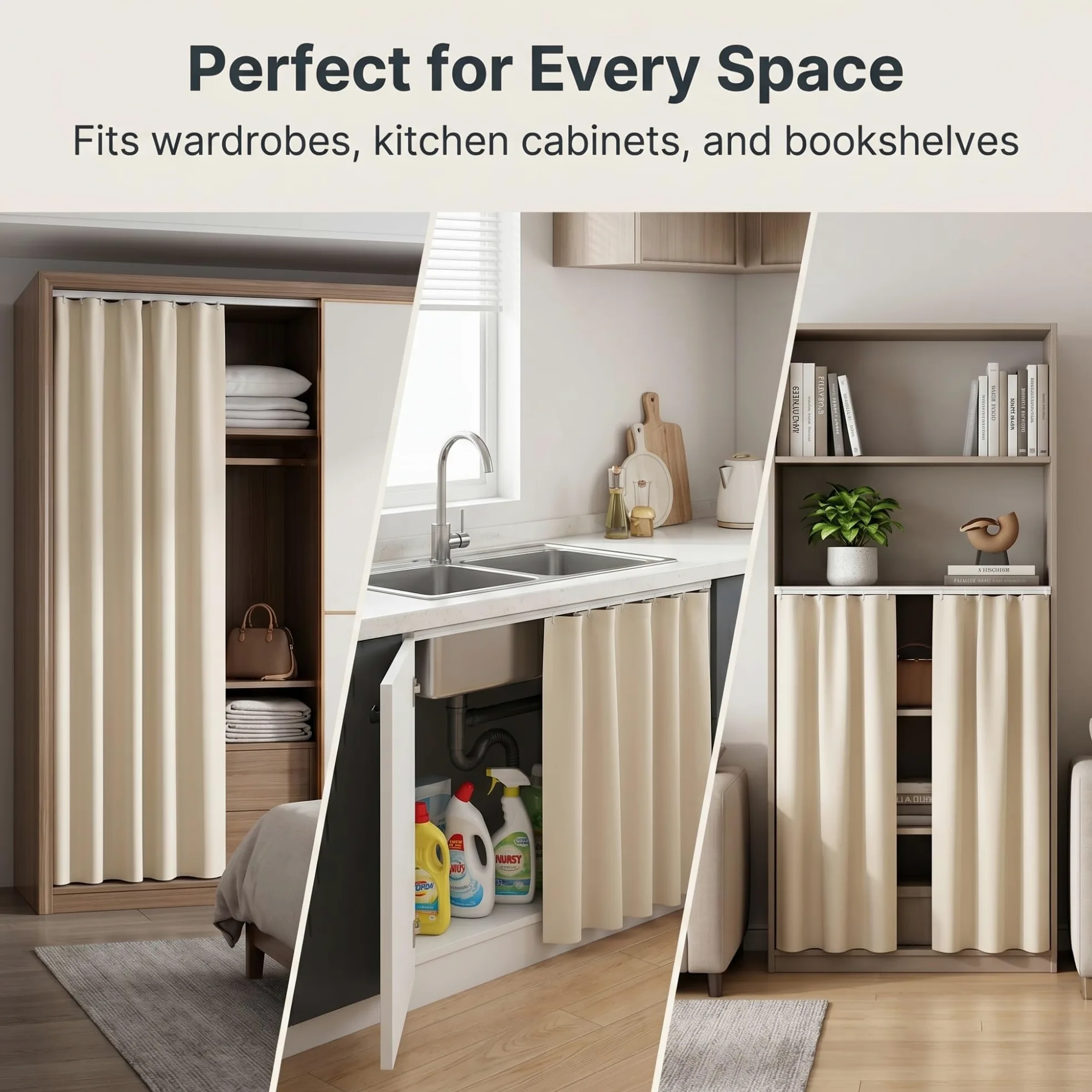 Rideau Placard sans Perçage, Auto-adhésif/Anti-Poussière Rideau Cuisine&sous Evier, Peluche Courte Rideau Occultant Court, Rails Coulissants Cuisine/Salle Bain/Dressing(Gray-a,200 x 150 cm)