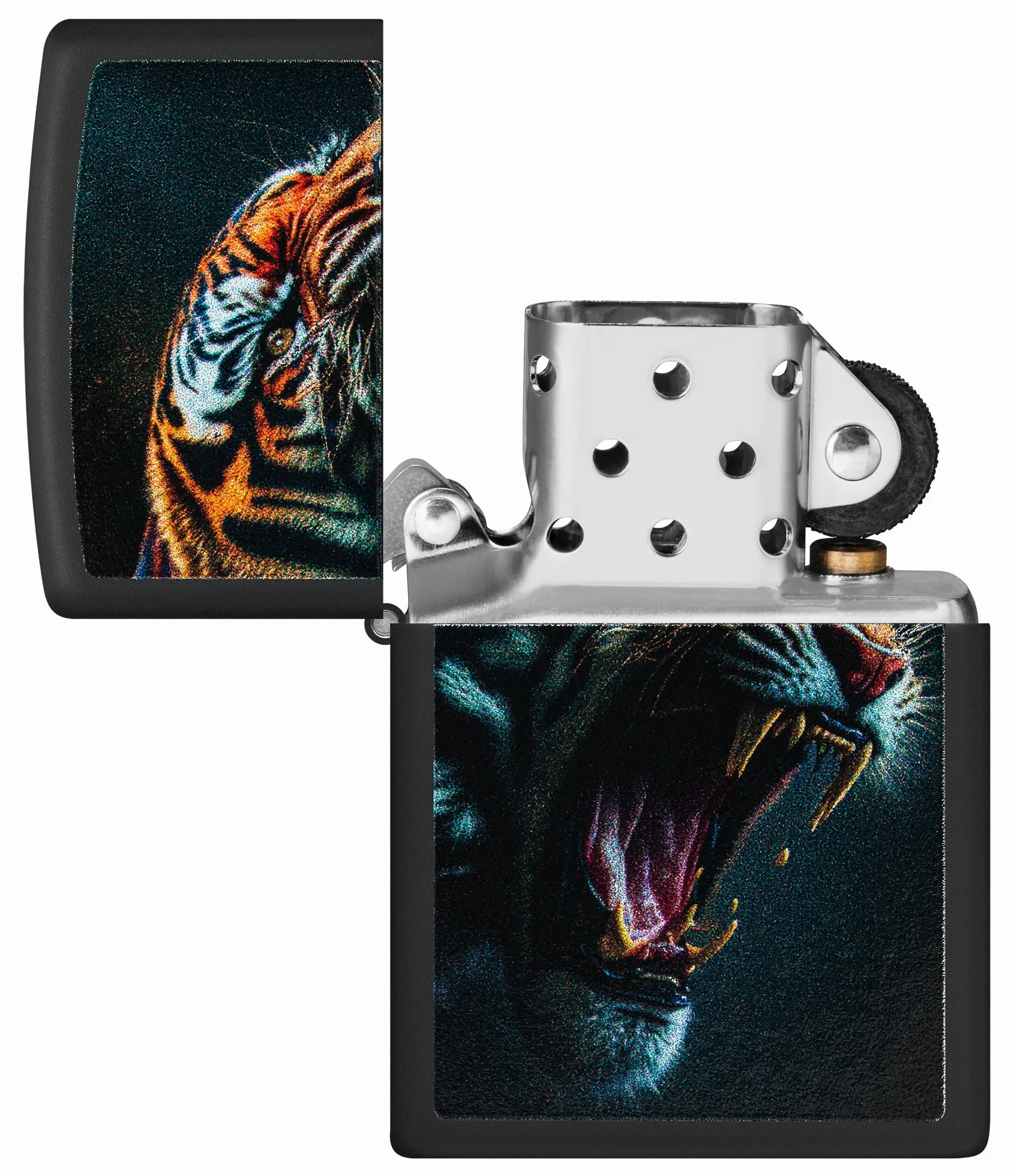 Zippo - Briquet tempête, Motif Tigre féroce, Noir Mat, Impression colorée Color Image, Rechargeable, réutilisable, Coupe-Vent, boîte Cadeau, fabriqué aux États-Unis