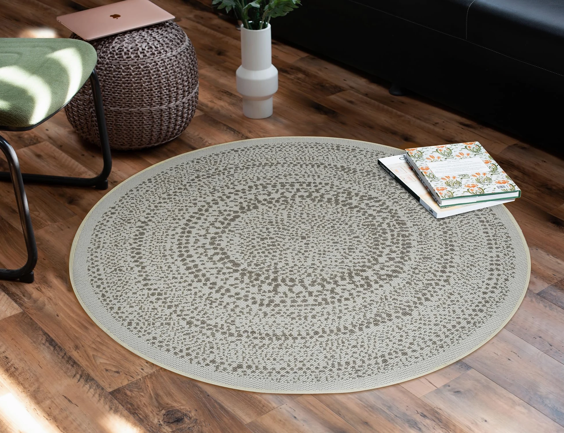 DomDeco Intérieur/extérieur Tapis rond Finn dans un style moderne – Robuste et facile d'entretien pour le salon, le couloir, la terrasse, le balcon, en fibres synthétiques, Ø 120 cm, crème/vert olive