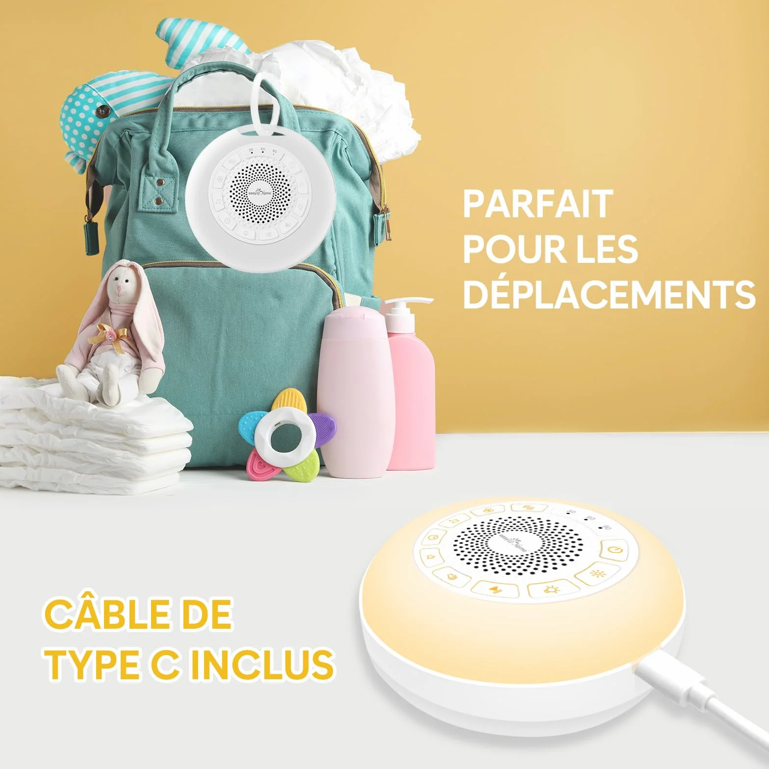 Easy@Home Machine à Bruit Blanc Portable pour Bébé 26 Sons Apaisants avec Veilleuse 3 Modes 7 Couleurs Minuterie USB