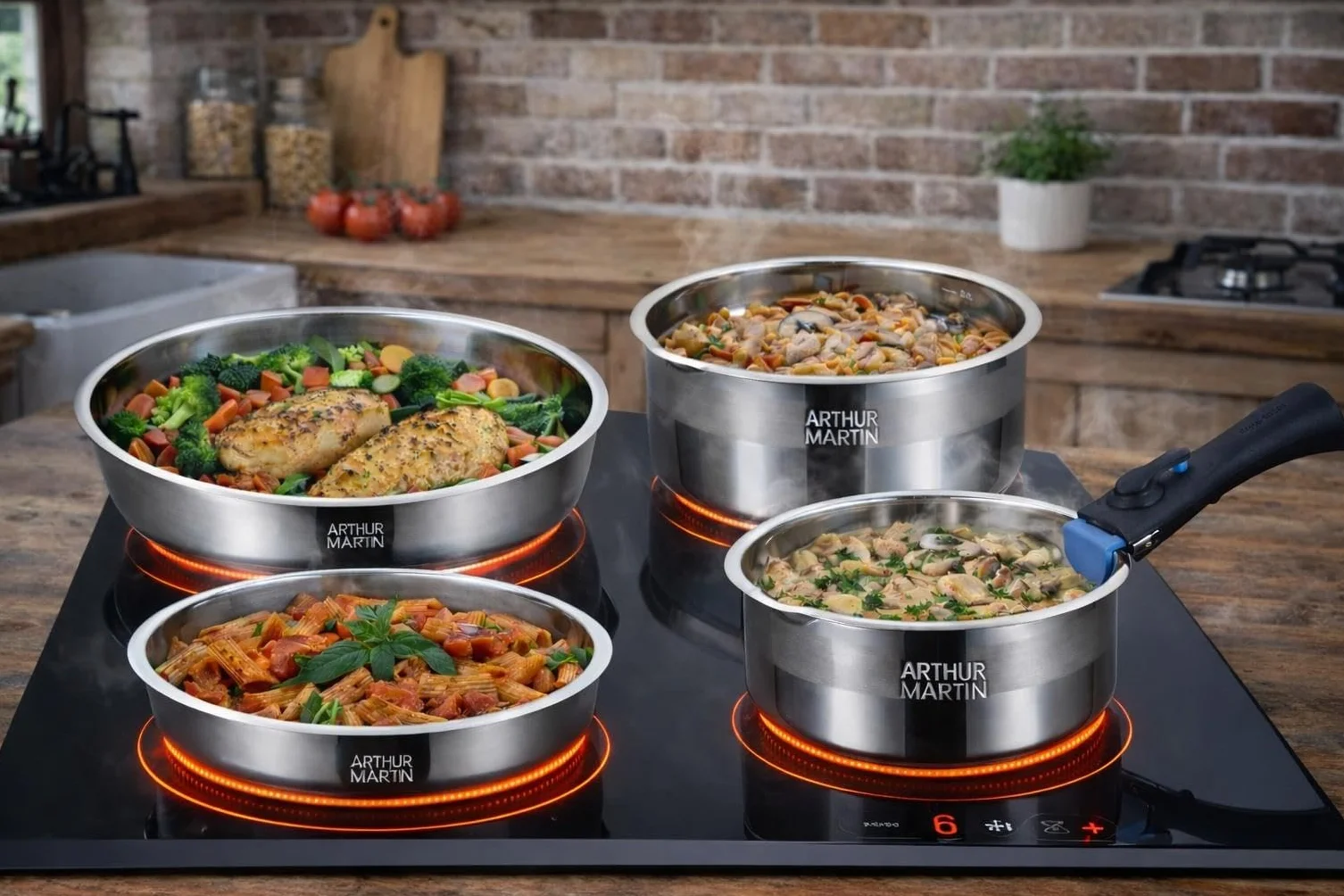ARTHUR MARTIN Batterie de Cuisine 10 Pièces Inox Casseroles Poêles Antiadhérentes Compatible Tous Feux Poignée Amovible