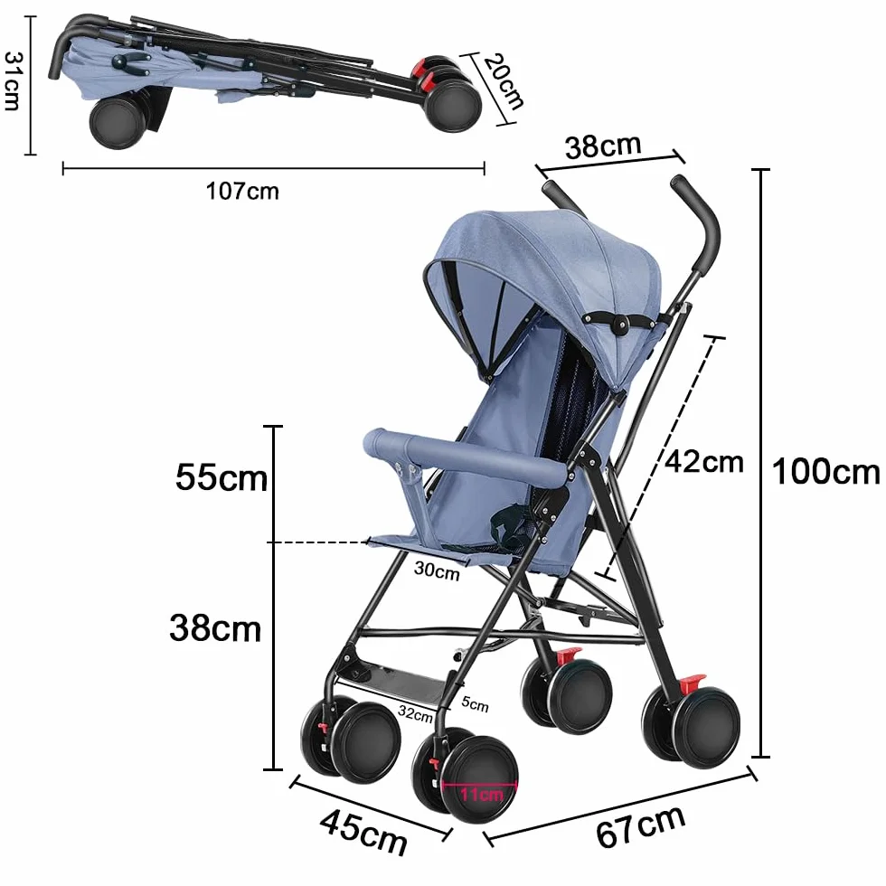 Poussette 3 en 1 Trio Canne Bébé Landau Grandes Roues 25kg Bleu