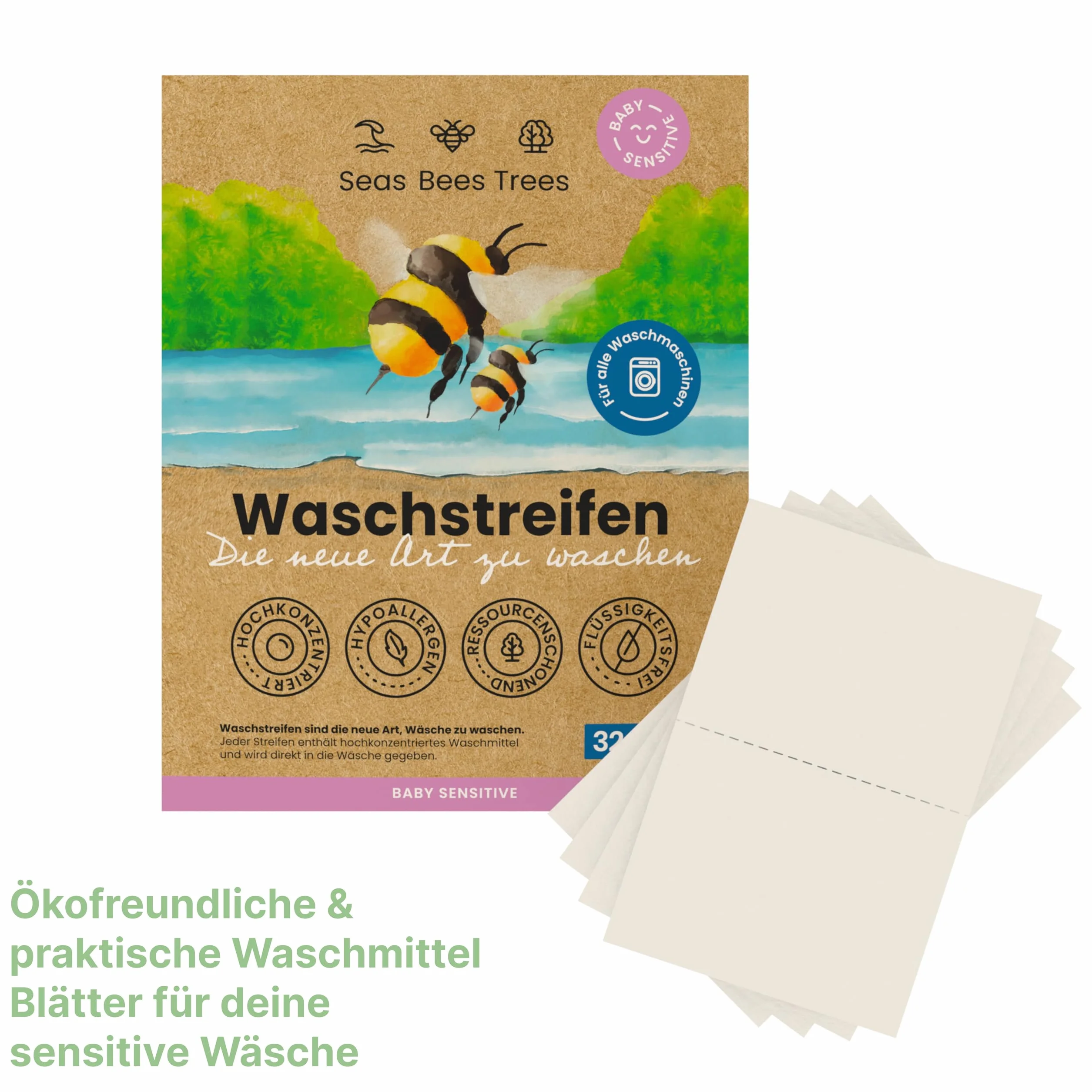 Lessive feuilles Baby Sensitive 32 bandes, nettoyage doux sans parfum pour vêtements bébé