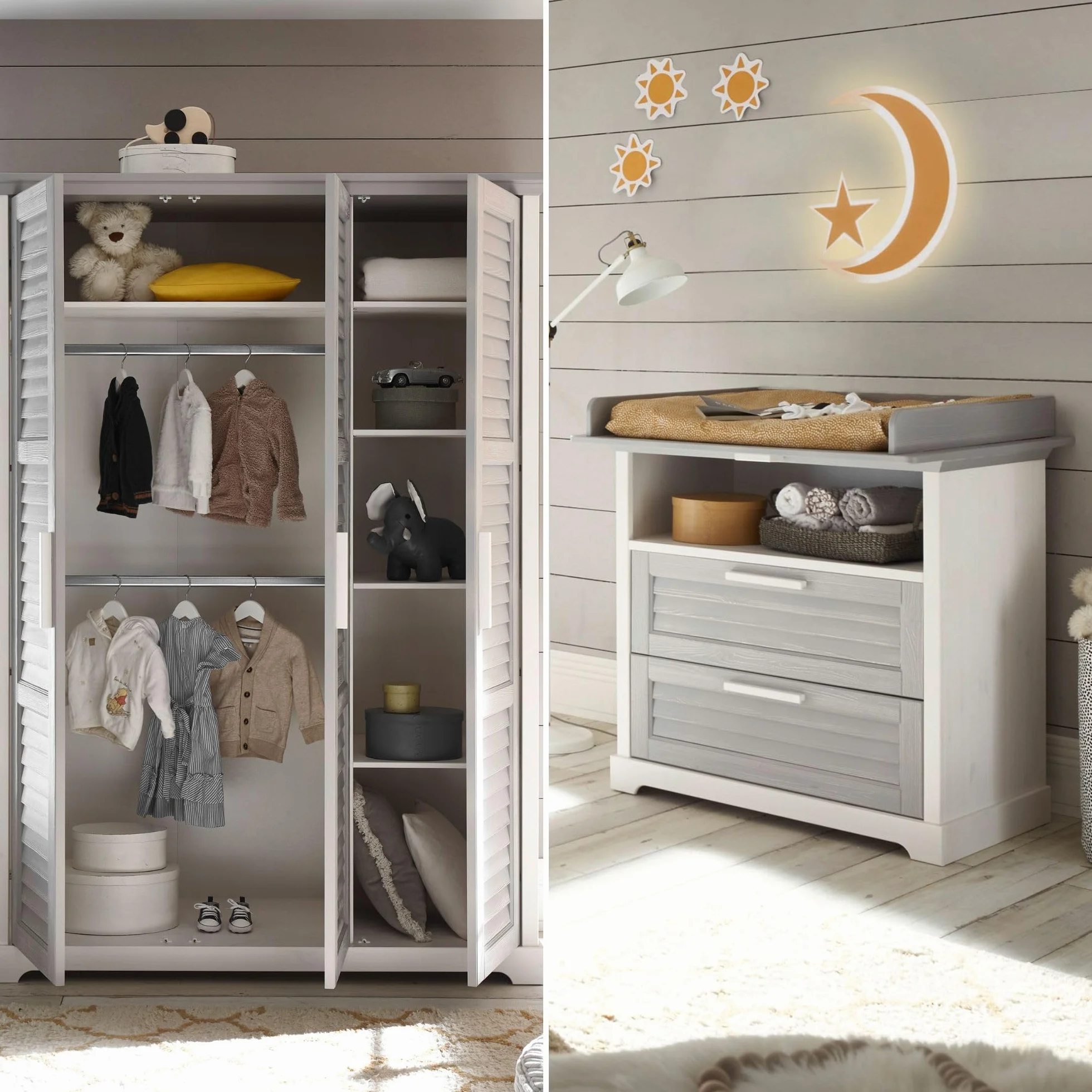 Stella Trading Alma Ensemble Complet de Meubles pour Chambre, pin Massif, Blanc/Gris, 3 pièces