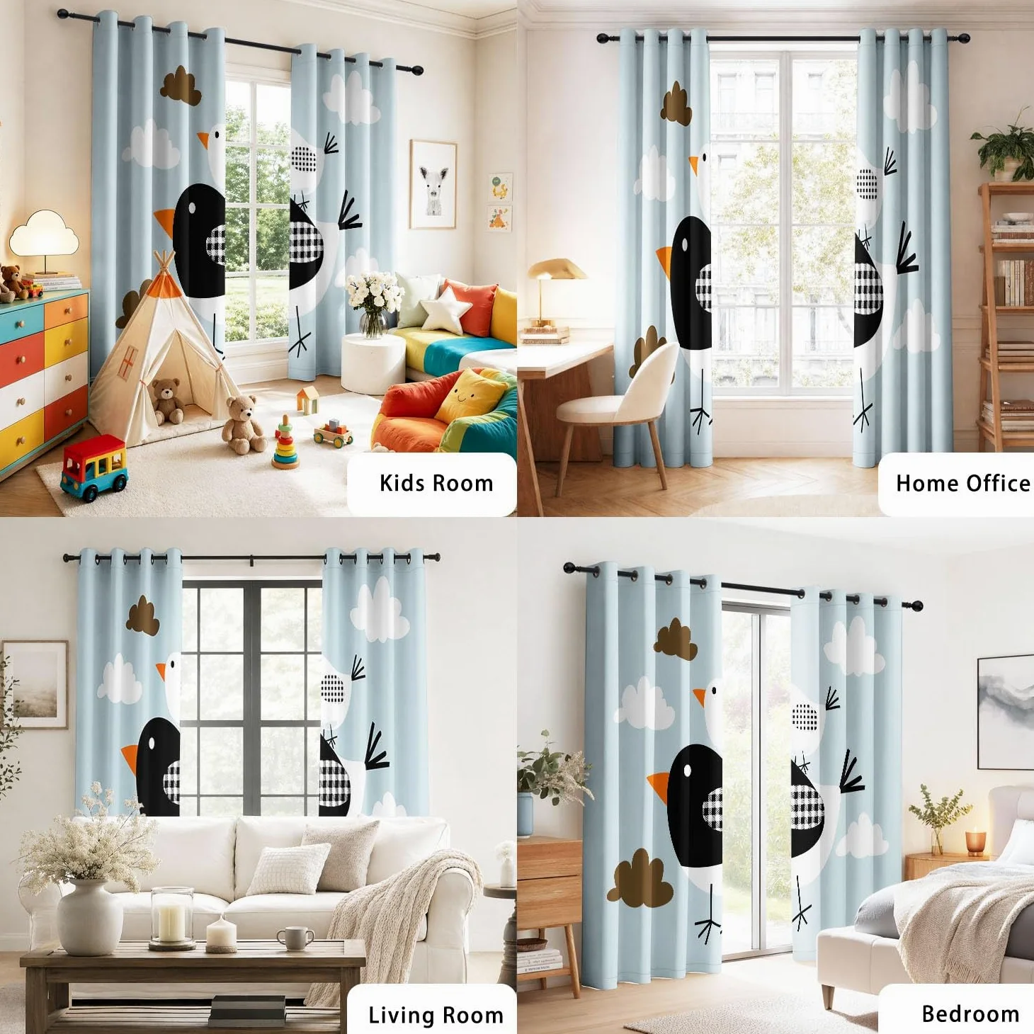 Rideau Occultant Géométrique Minimaliste Lot de 2 L 140 x H 220 cm Oiseaux Carreaux Nuages Rideaux Imprimés en Polyester à Oeillets Isolant Thermique Anti Froid pour Salon et Chambre d'enfant