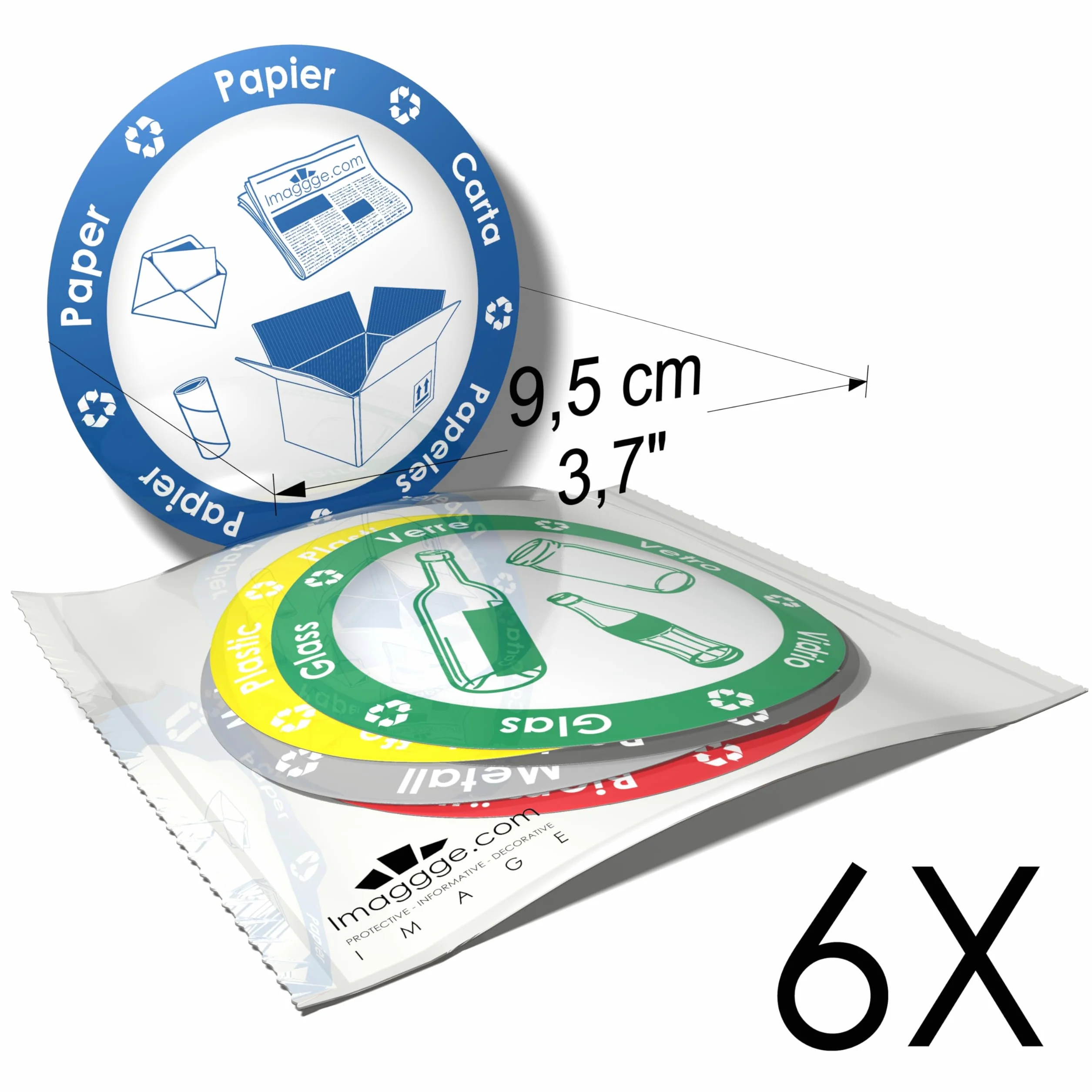 Autocollants d'information pictogrammes tri sélectif déchets poubelle 6 stickers ronds 9,5cm