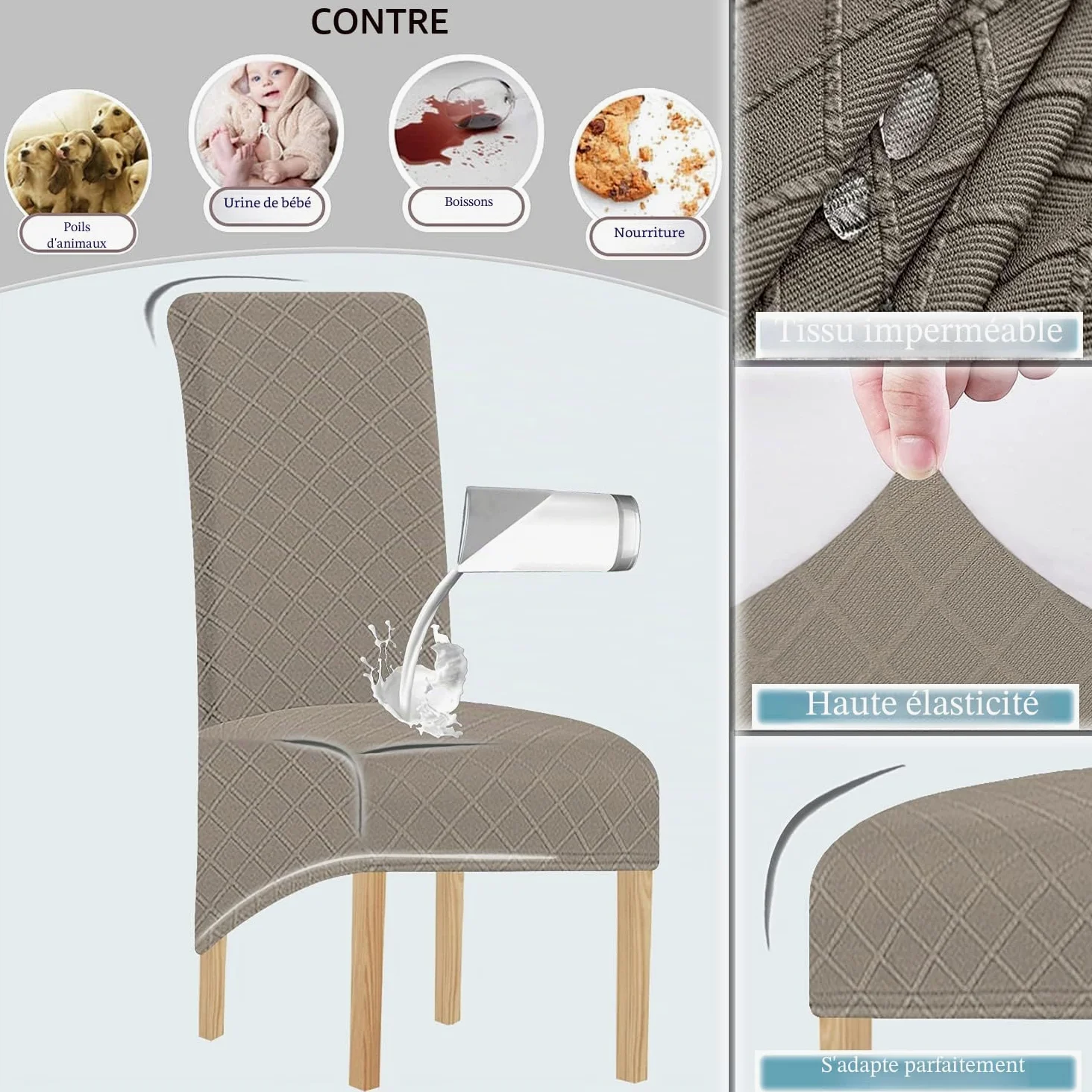 1/2/4/6 PCS Diamond Lattice Stretch Imperméable XL Housses de Chaise pour Salle à Manger, Spandex Haut Dossier Grande Chaise de Salle à Manger Housses(Taupe,6 pièce)