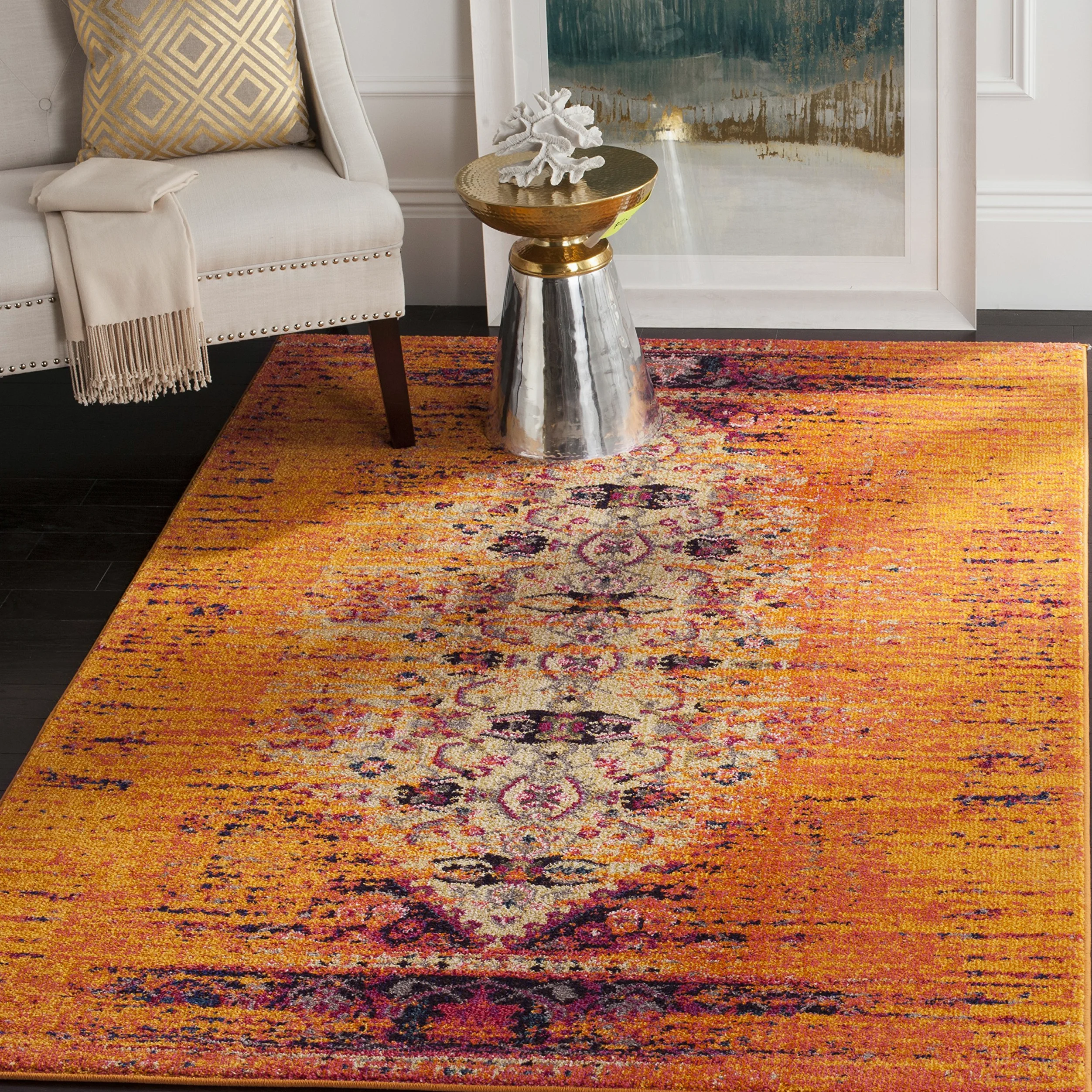 SAFAVIEH Tapis Boho Pour Salon, Salle à manger, Chambre à coucher - Monaco Collection, Tapis à poil court, Orange et Multi, 122 X 170 cm
