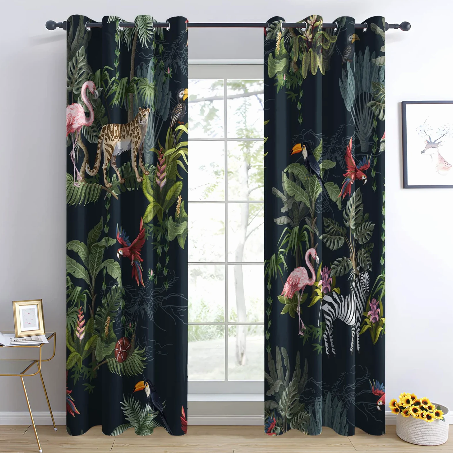 Rideau Occultant, Motif Animaux Jungle Tropical - Rideaux Thermiques Imprimé pour Salon Chambre Fenetre, Lot de 2 Rideaux et Draperies Intérieurs à Oeillets, 110x215 cm (L x H)