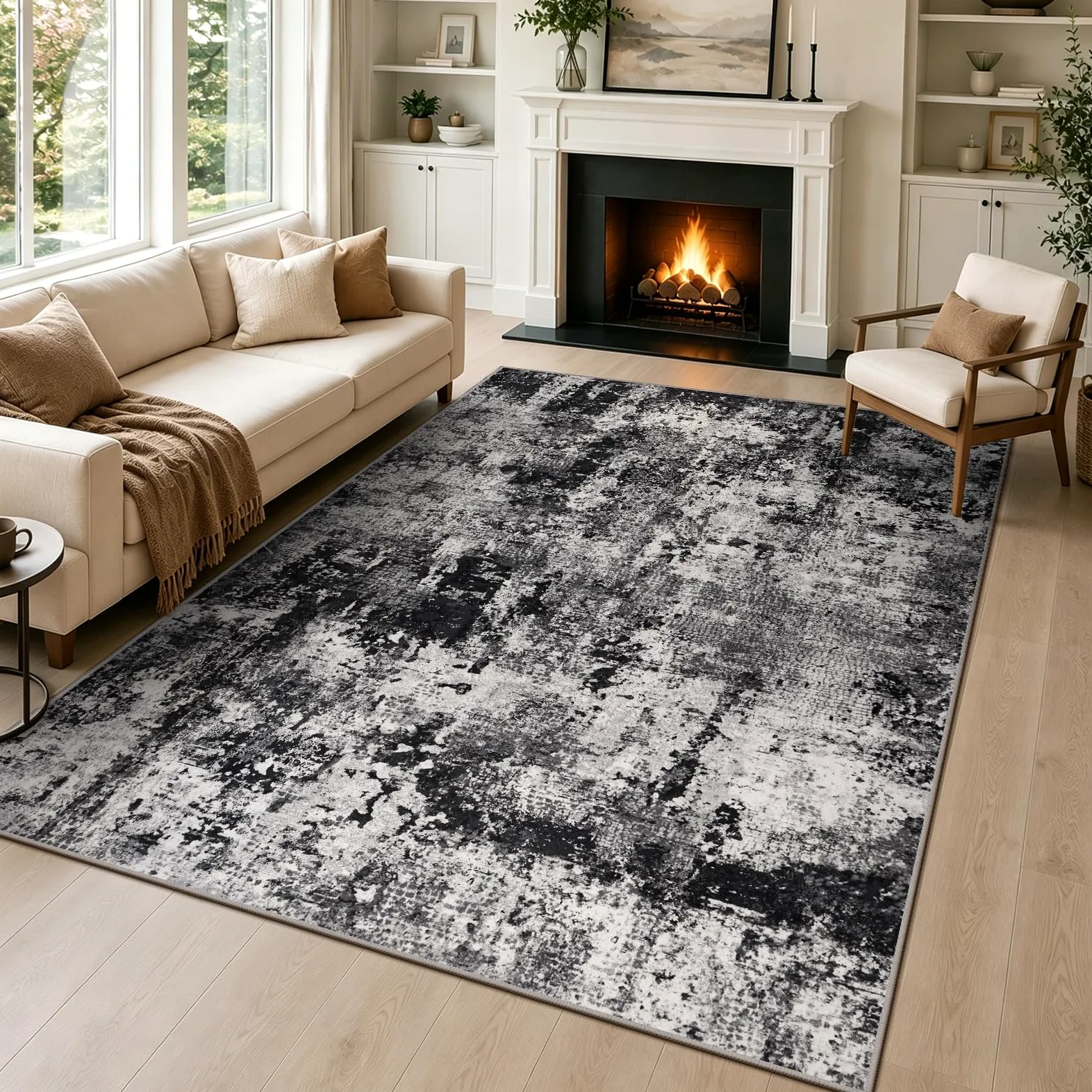 Capslpad Noir Tapis Abstrait Salon 120x180cm antidérapant Poils Courts Laine synthétique Chambre à Coucher Tapis Lavable Minimaliste de lit Tapis pour Salon Chambre à Coucher Bureau