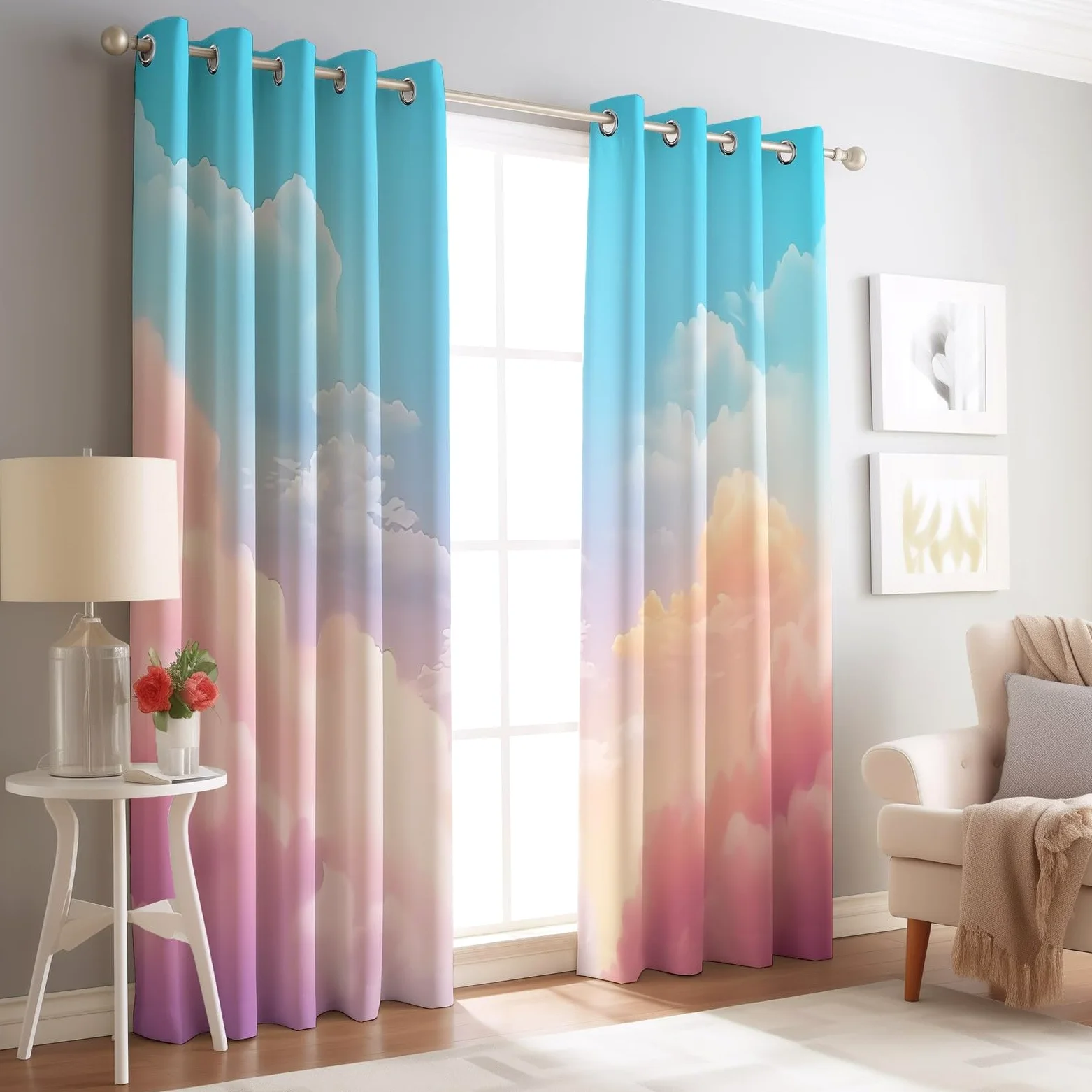 Décoration Nuages Oniriques Ciel, Rideaux Longs 140L X 260H cm (2 Panneaux), Tissu Occultant Thermique pour Baie Vitrée, Rose Bleu