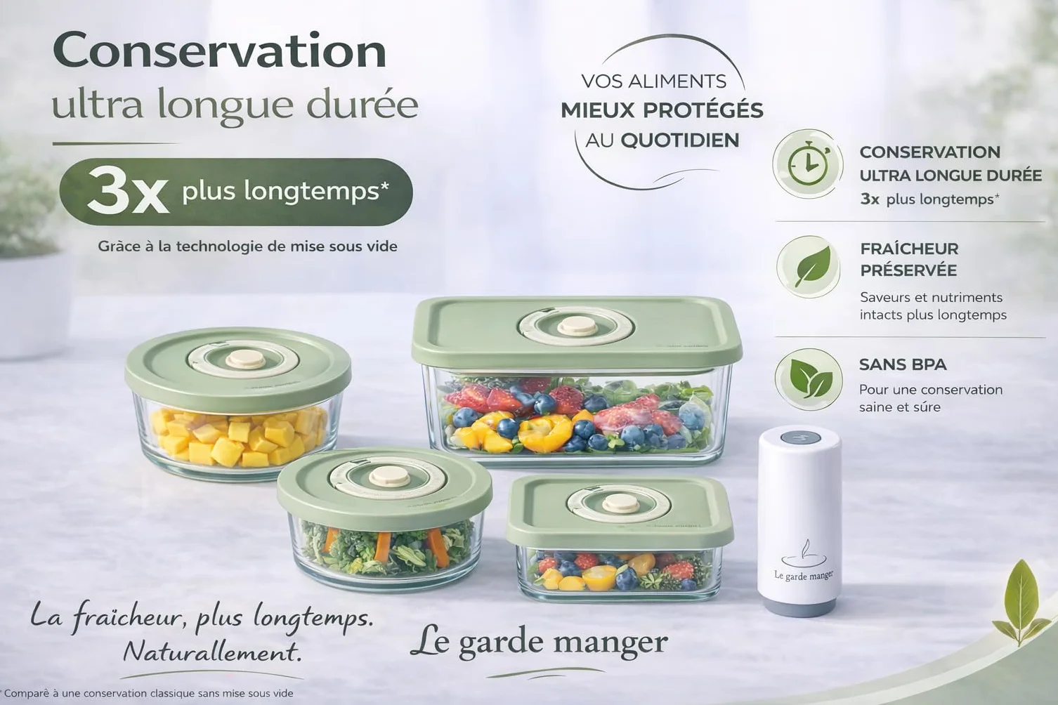 Kit sous vide alimentaire pompe rechargeable sans fil 4 boîtes hermétiques verre BPA