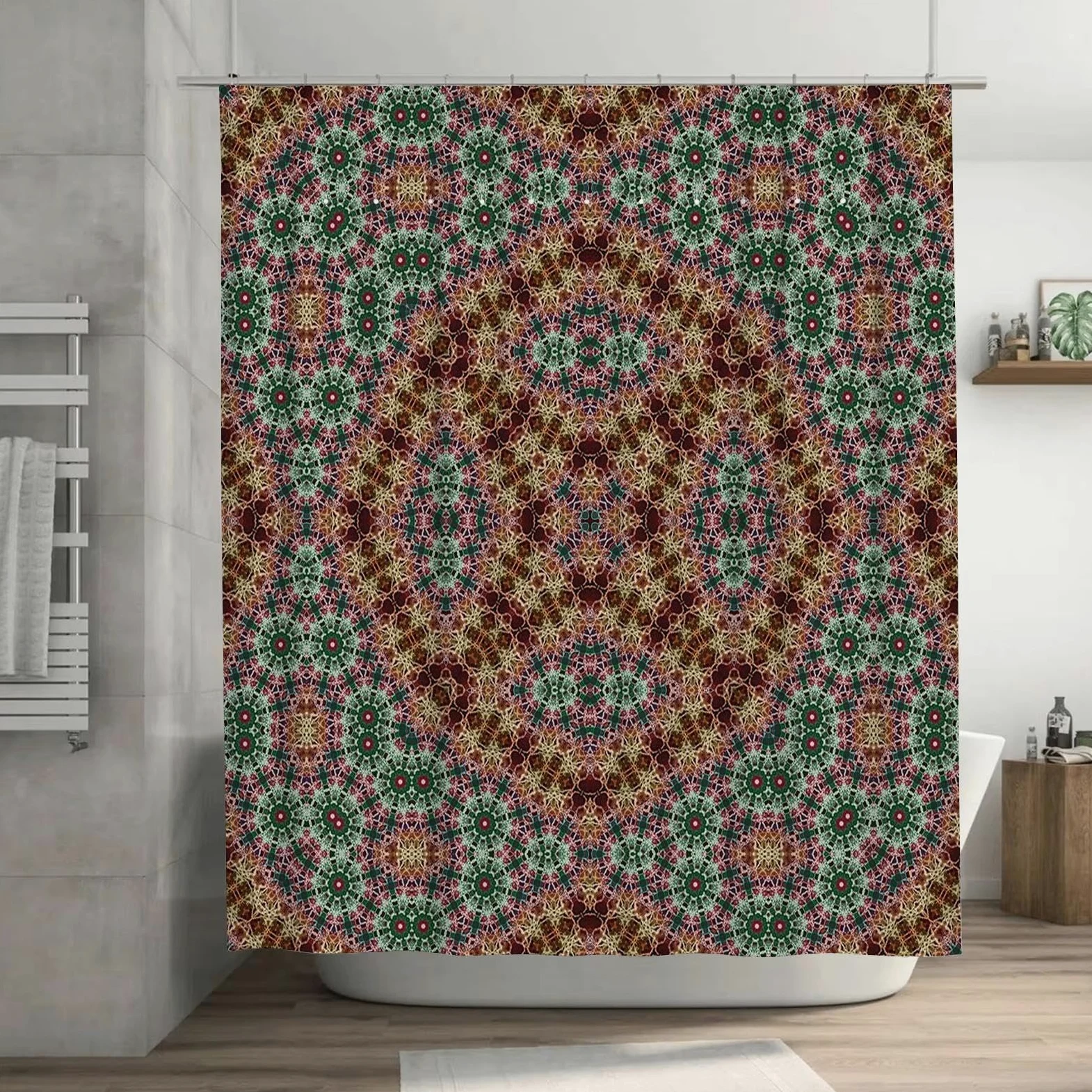 Rideau de Douche kaléidoscope Rouge, Vert et Jaune, Motif Floral Unique, décoration d'intérieur, Salle de Bain, Tissu imperméable, 280 x 200 cm (110 x 79 Pouces)