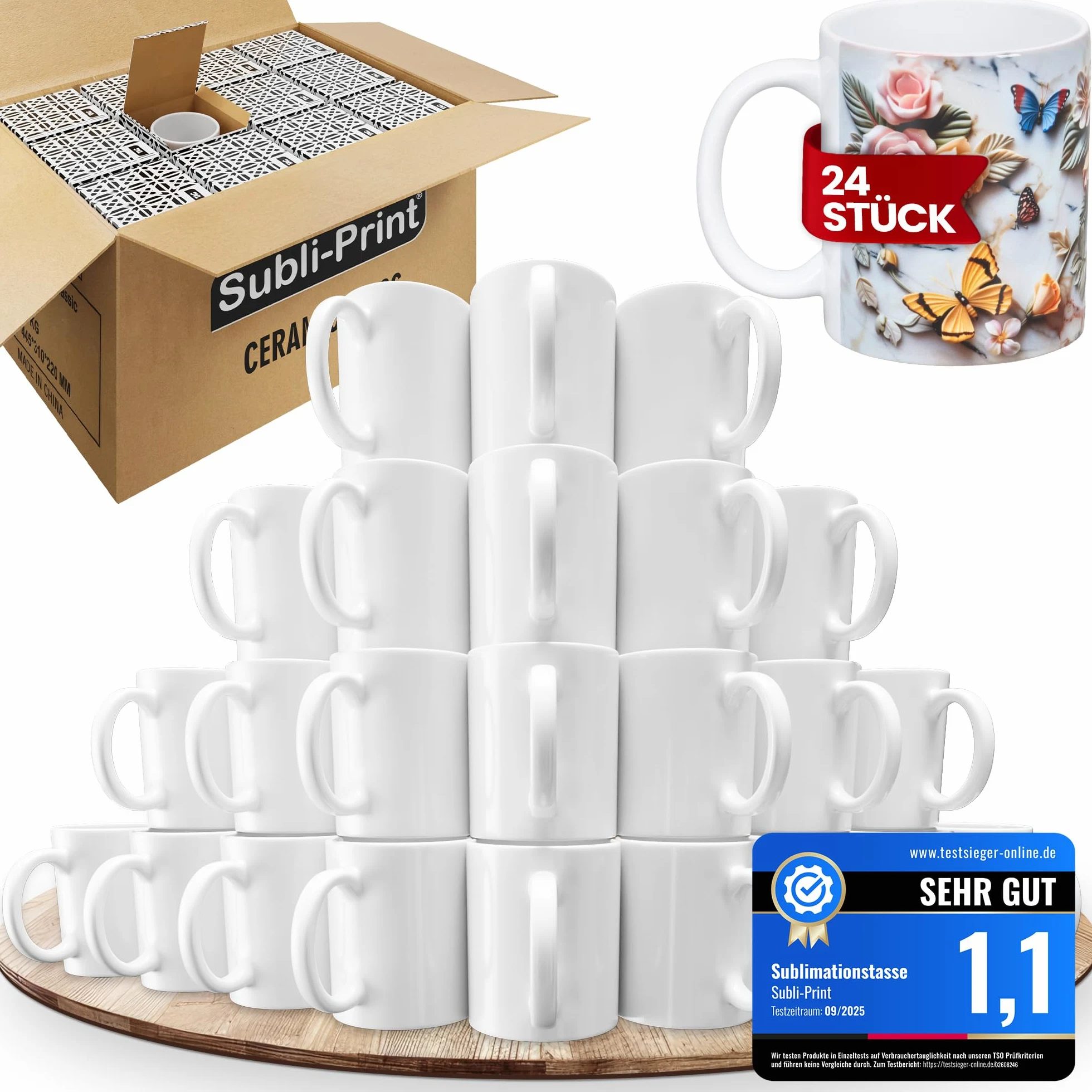 Lot de 24 tasses à sublimation classique de qualité AAA, chaque tasse est emballée individuellement dans un carton de transport.