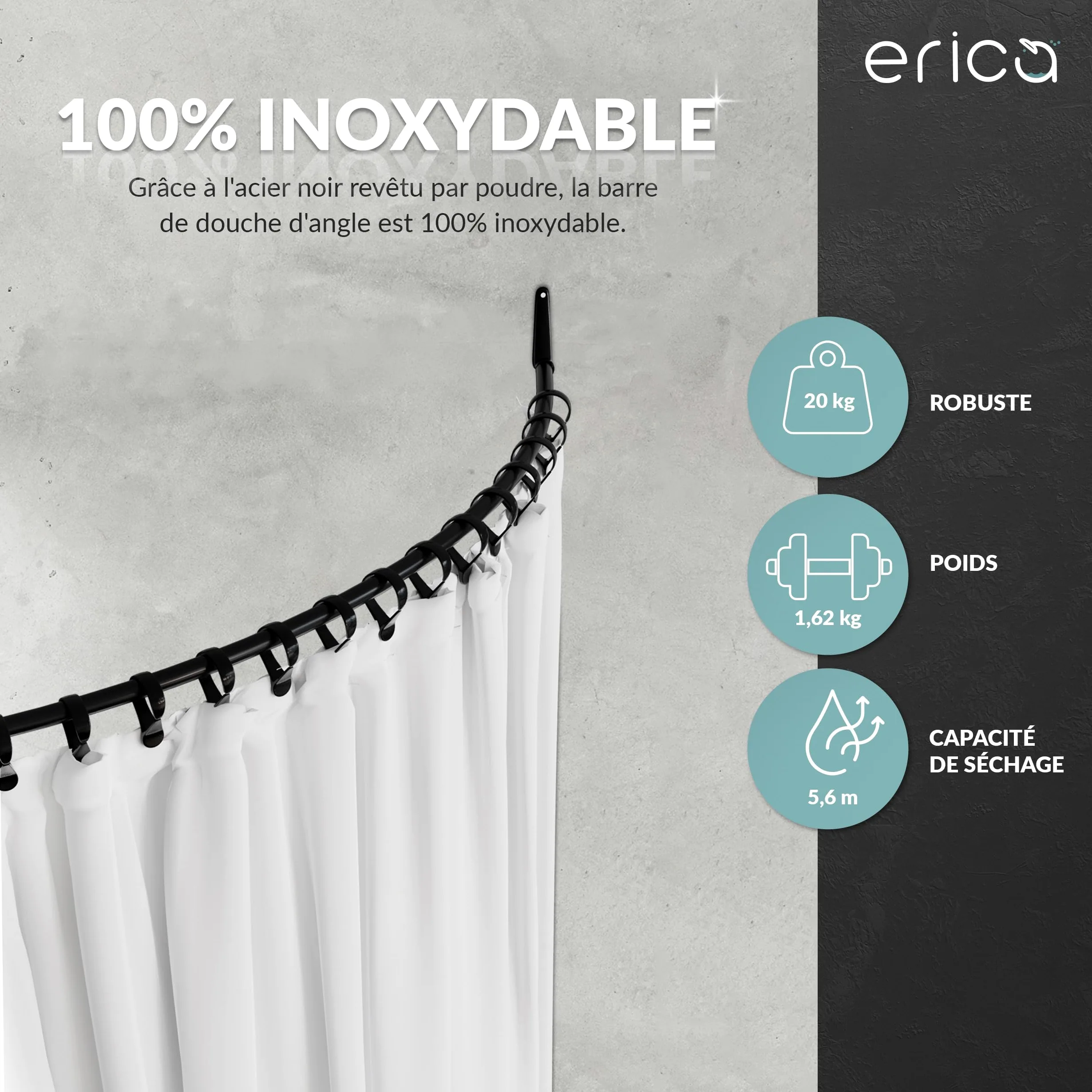 Erica Barre de Rideau de Douche D'angle 140x140cm, 100% Antirouille – Gris | 140x140 cm, Fixation Murale - sans Fixation au Plafond, Barre de Douche Incurvée, Acier Thermolaqué Gris, 100% Antirouille