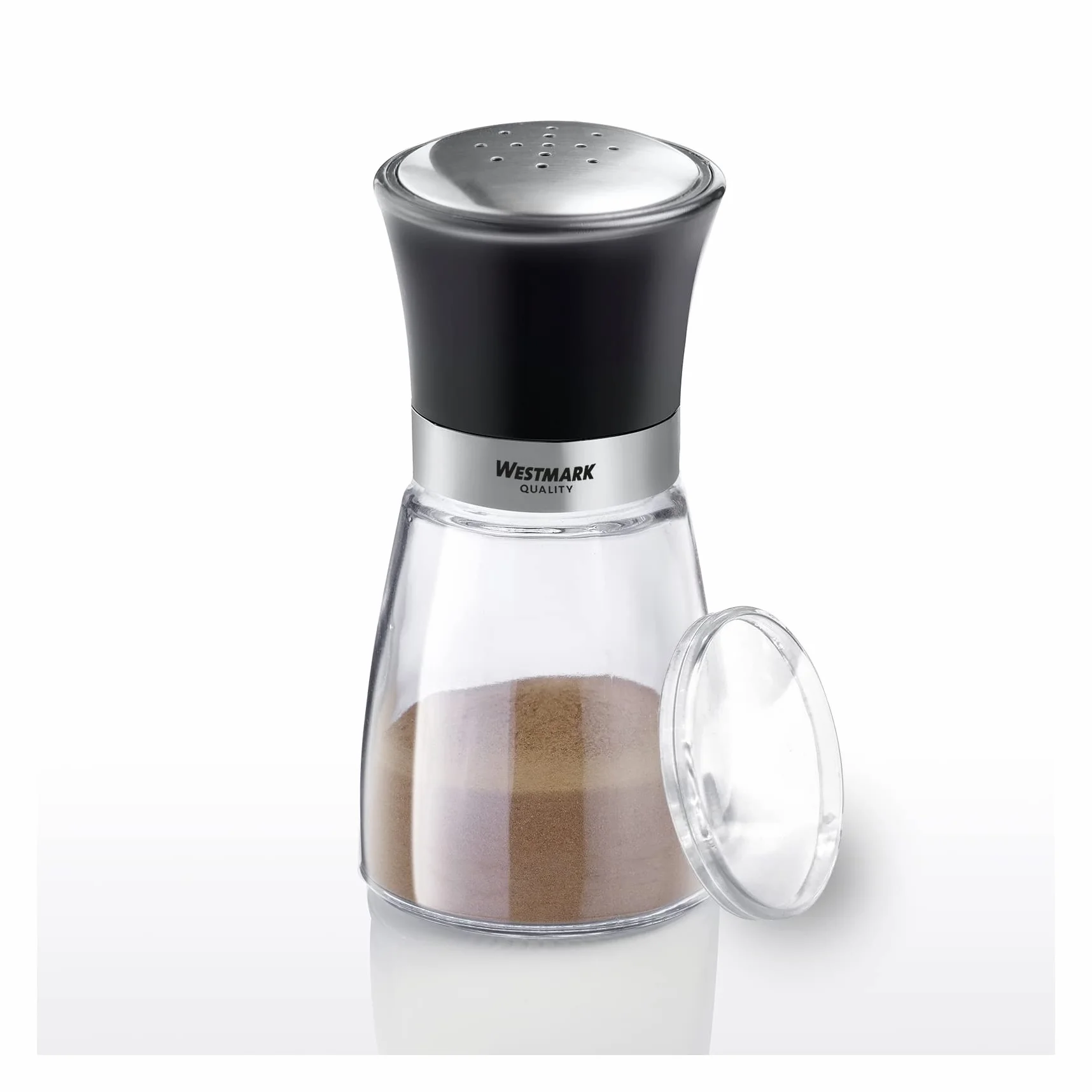 Westmark Pot à épices avec couvercle aromatique, perforation fine, 190 ml, verre/acier inoxydable/plastique, transparent/noir/argenté