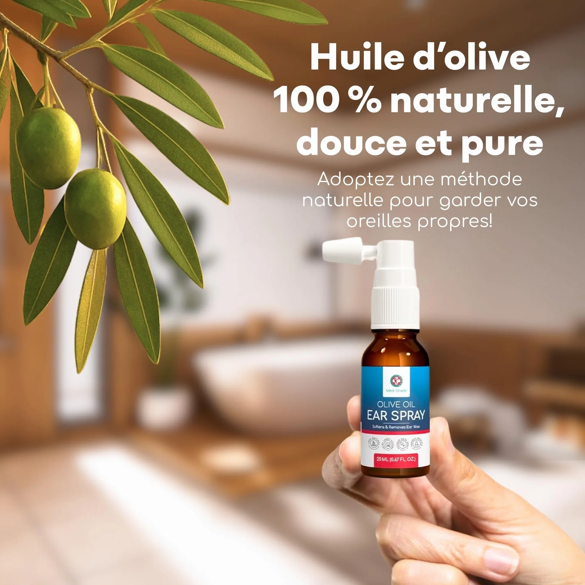 Medi Grade Spray d'Huile d'Olive pour Oreilles Bouchées 20ml – Nettoyant Auriculaire 100% Naturel