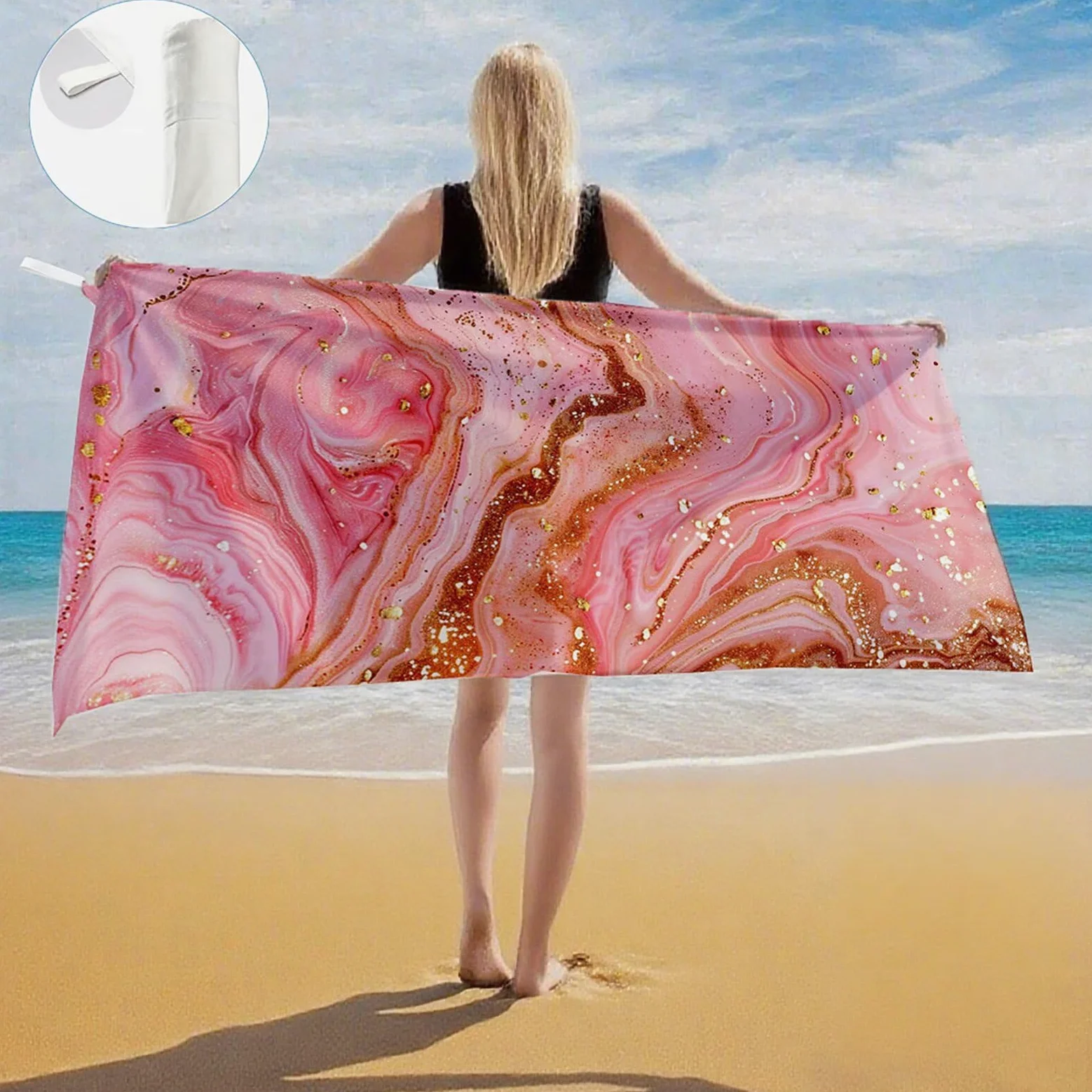 Serviette Plage Rose Motif, Serviette de Plage XXL 100x180 avec Sac, Serviettes de Bain Microfibre Séchage Rapide Anti-Sable Absorbante Fonction pour Bain, Sport, Voyages, Sauna, Piscine Q-649