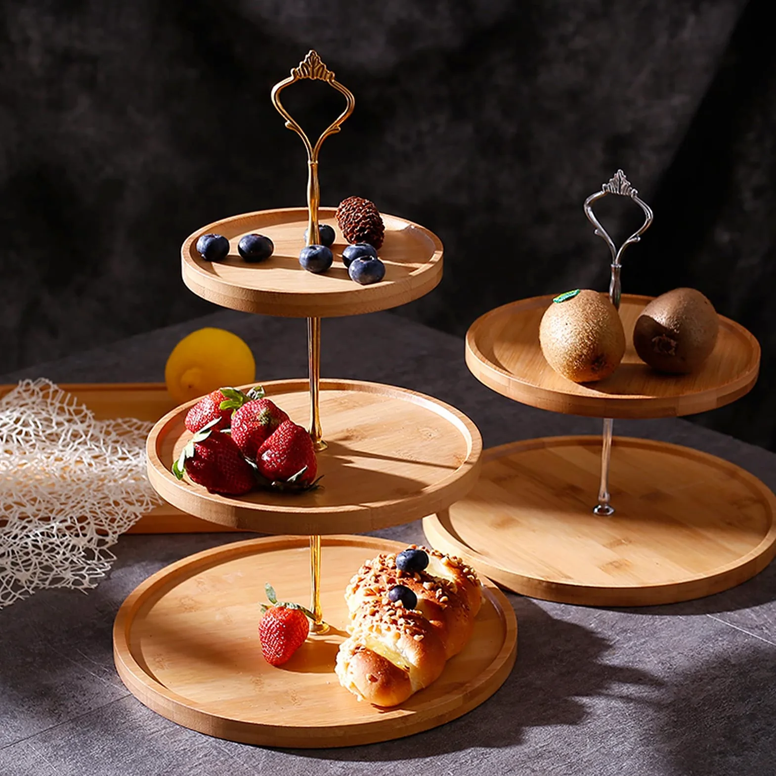 Présentoir à Gâteau 3 couches en bambou gâteau stand Creative Dessert Présentoir Retro Afternoon Tea Dessert Table gâteau de mariage Assiette pâtisserie stand Stand de Gâteaux