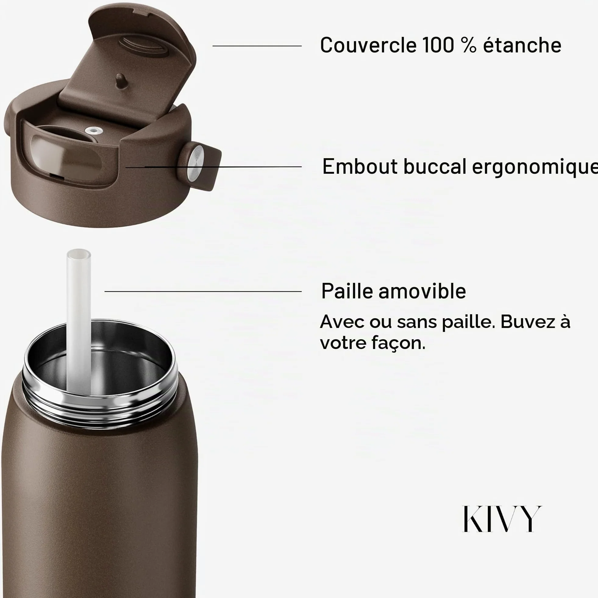 KIVY Gourde en acier inoxydable 1 l avec paille - Bouteille isotherme de 1 l - Passe au lave-vaisselle - Gourde Gym & Fitness - Gourde isotherme en acier inoxydable - Bouteille isotherme | 24 heures de froid, 12 heures de chaleur, anti-fuite, isotherme, b