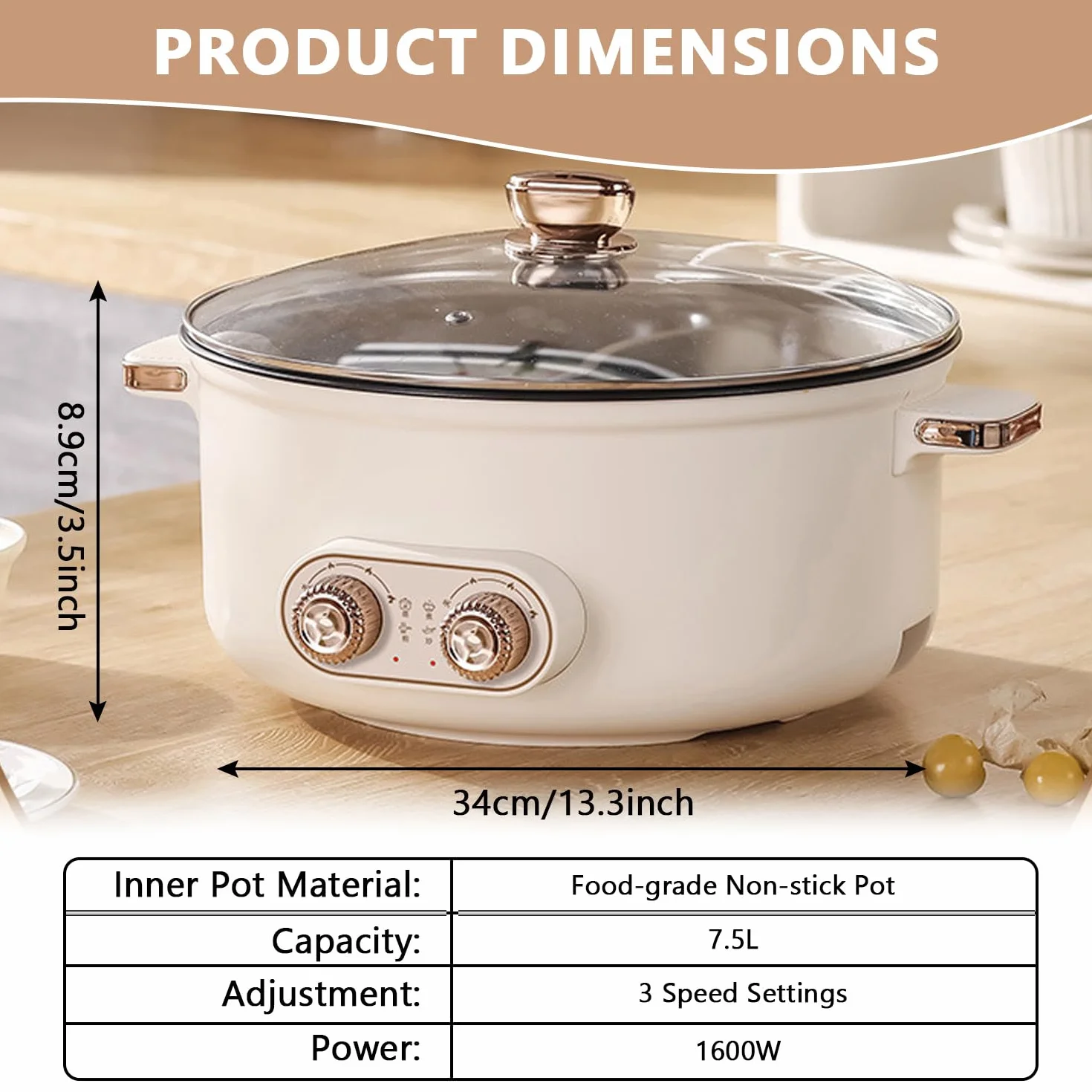 Hot pot électrique 7,5 L Double Récipient 1600 W Mijoteuse multifonctionnel