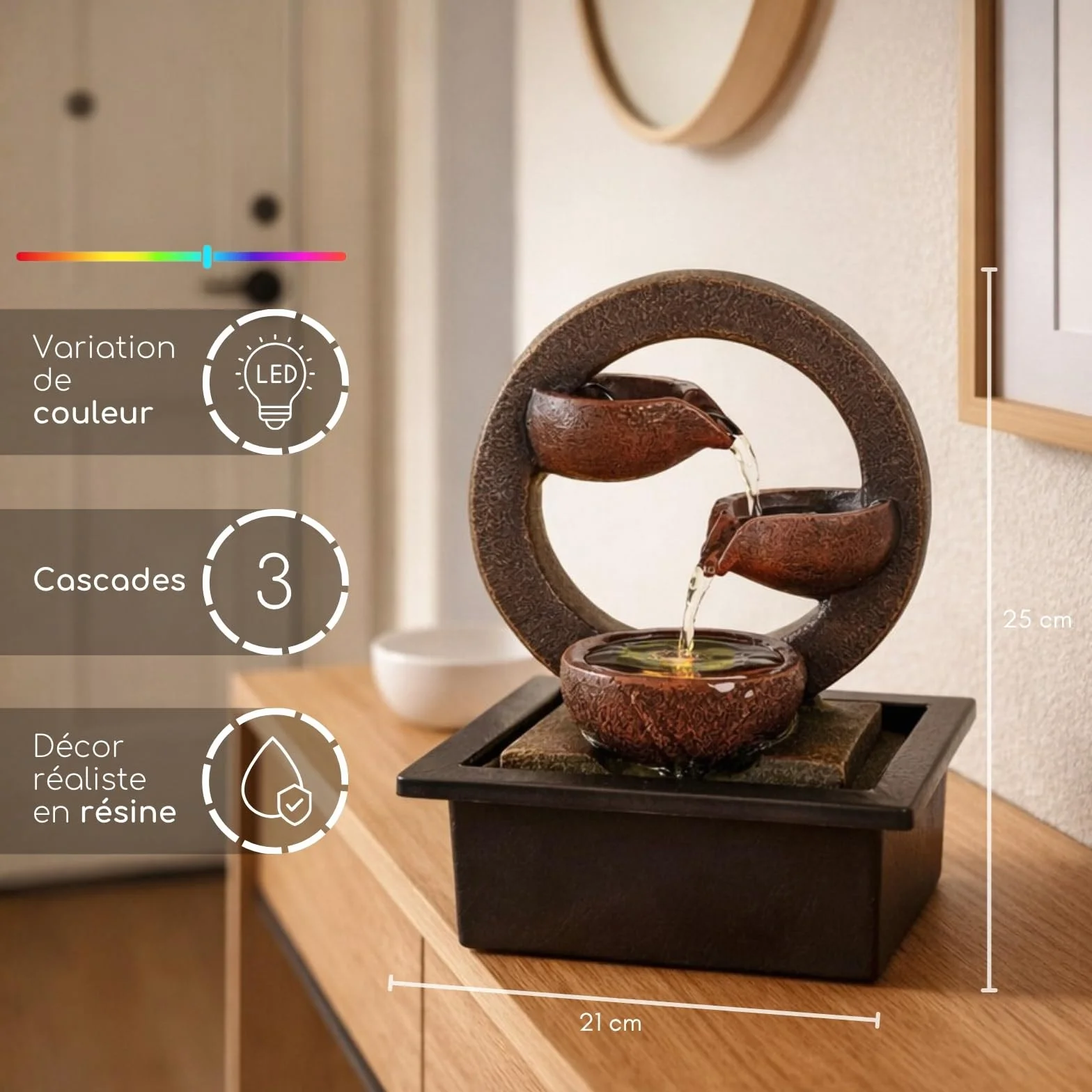 ZEN'LIGHT Fontaine d'Intérieur Zen Terai, Éclairage LED Multicolore, Pompe Silencieuse, 17 x 21 x 25 cm