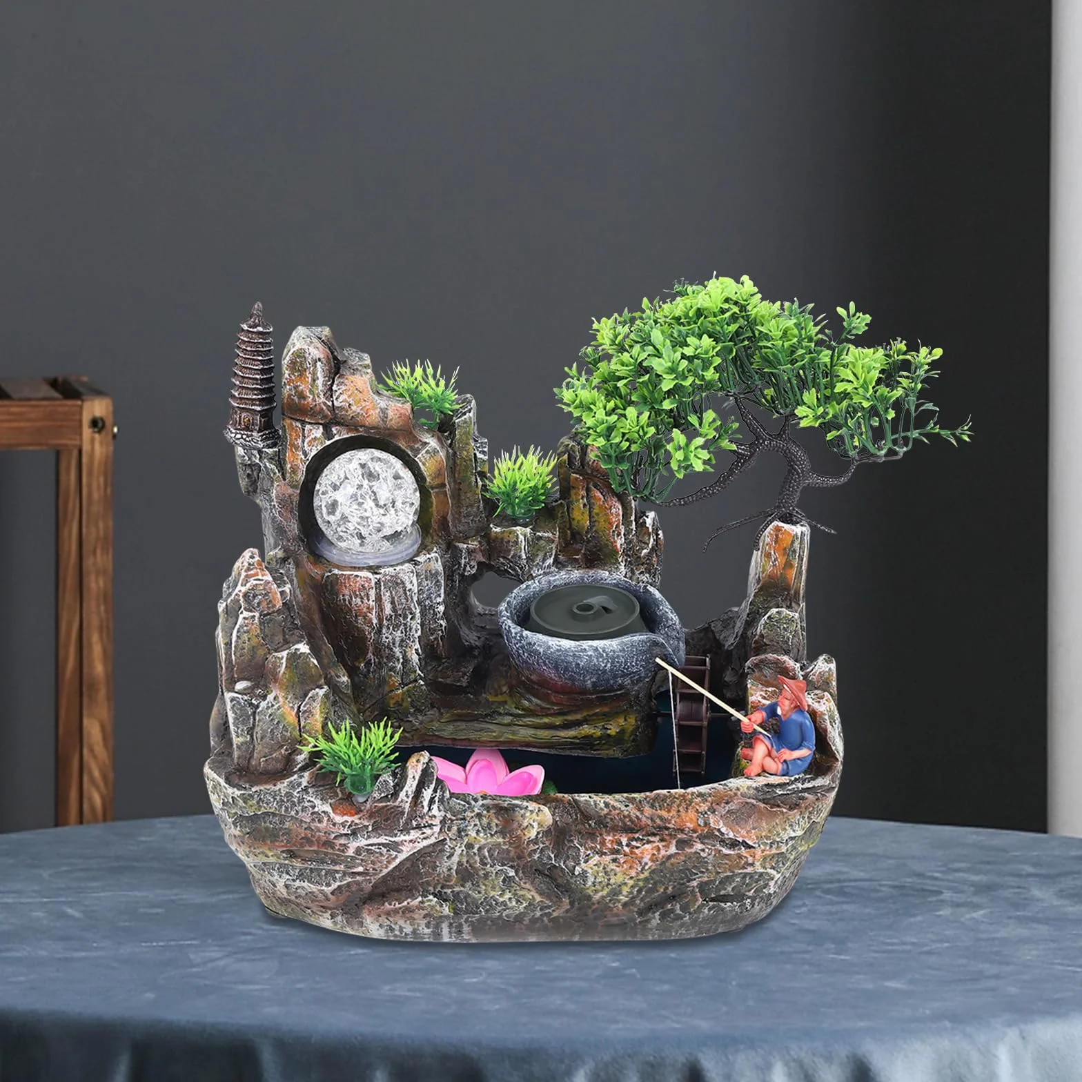 Fontaine intérieur LED avec plante verte brouillard cascade table