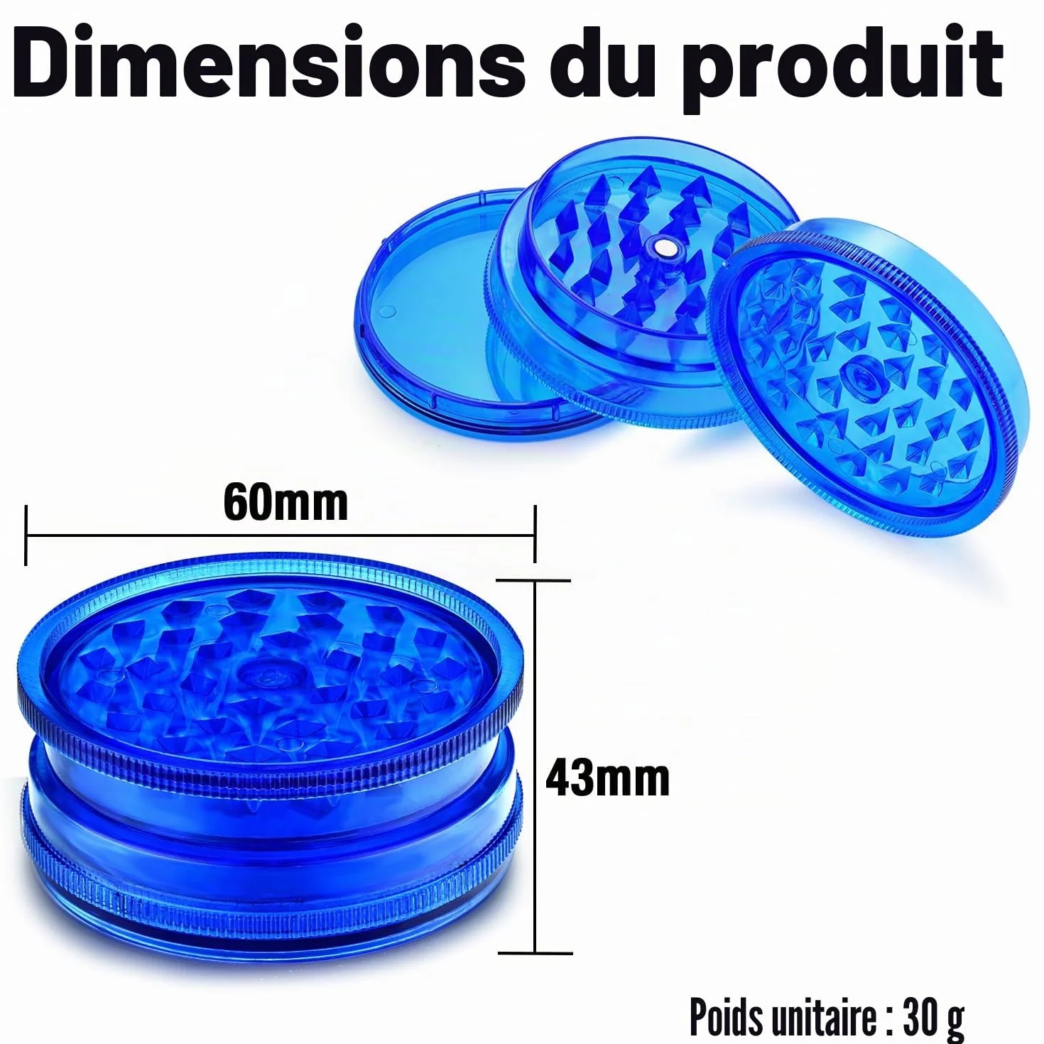 Moulins à herbes en plastique 60mm 3 pièces avec couvercle magnétique étanche Pack x6