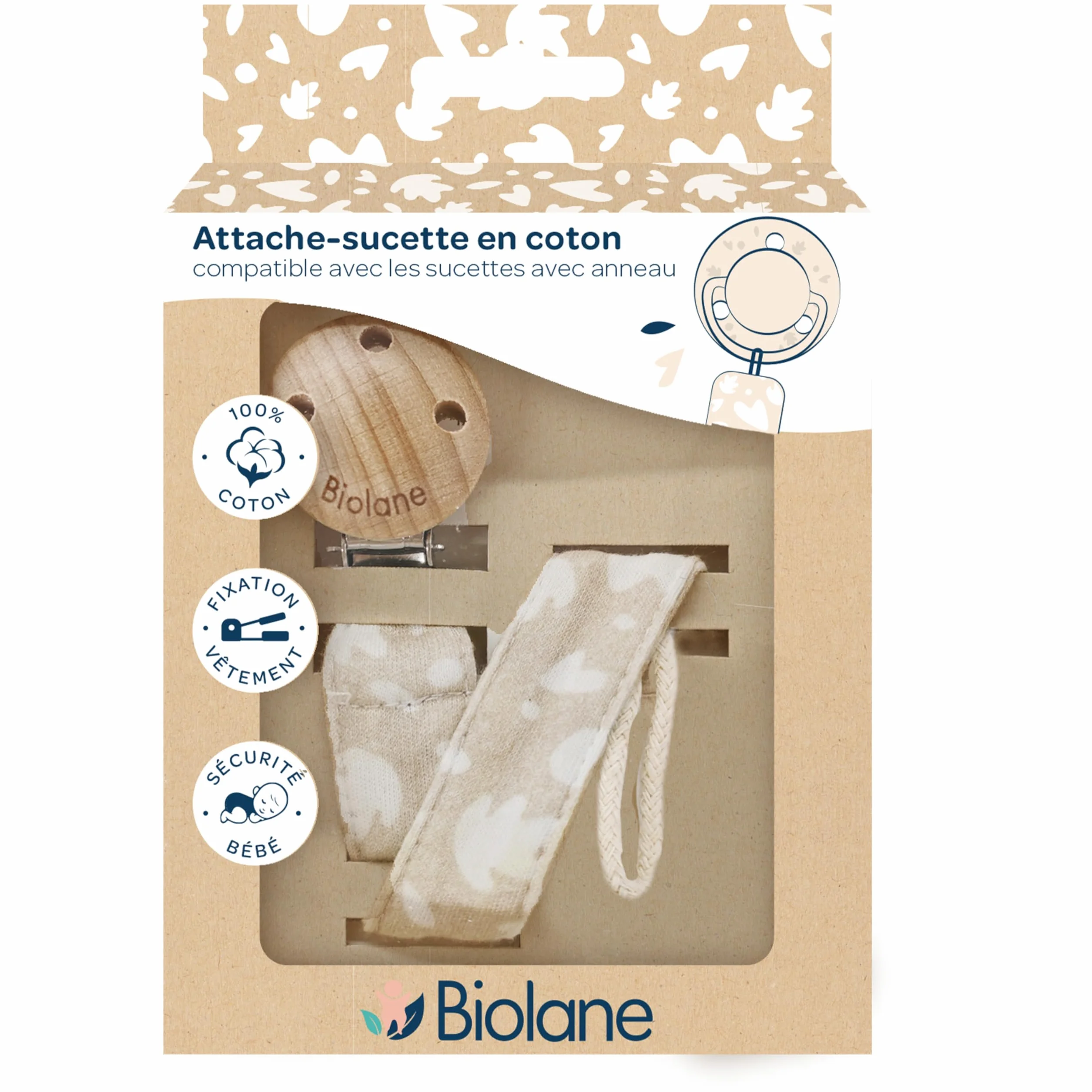 BIOLANE Attache tétine bébé 100% coton beige double sécurité anti-glisse