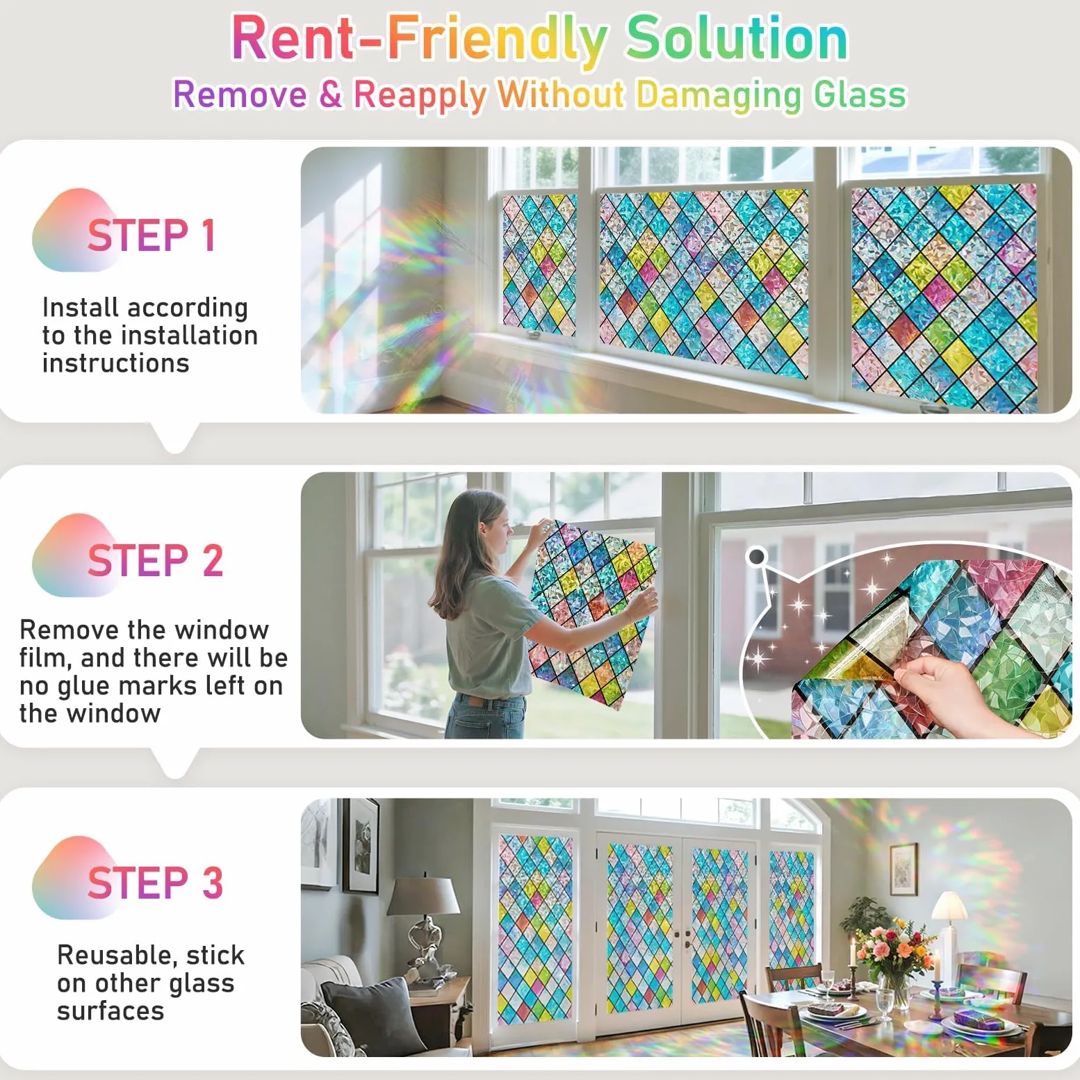 Beautysaid Film de fenêtre en Verre dépoli avec Motif Arc-en-Ciel, Anti-UV, Statique, sans Colle, pour Maison, Chambre à Coucher, Salle de Bain, Bureau, 60 x 400 cm