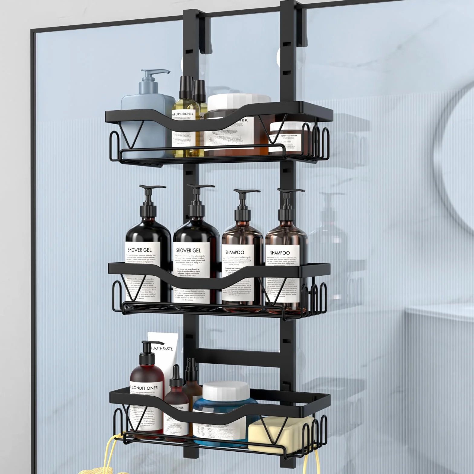 Etagere Douche à Suspendre sans Percage 3 PCS Réglable Panier Gel Shampooing Noir