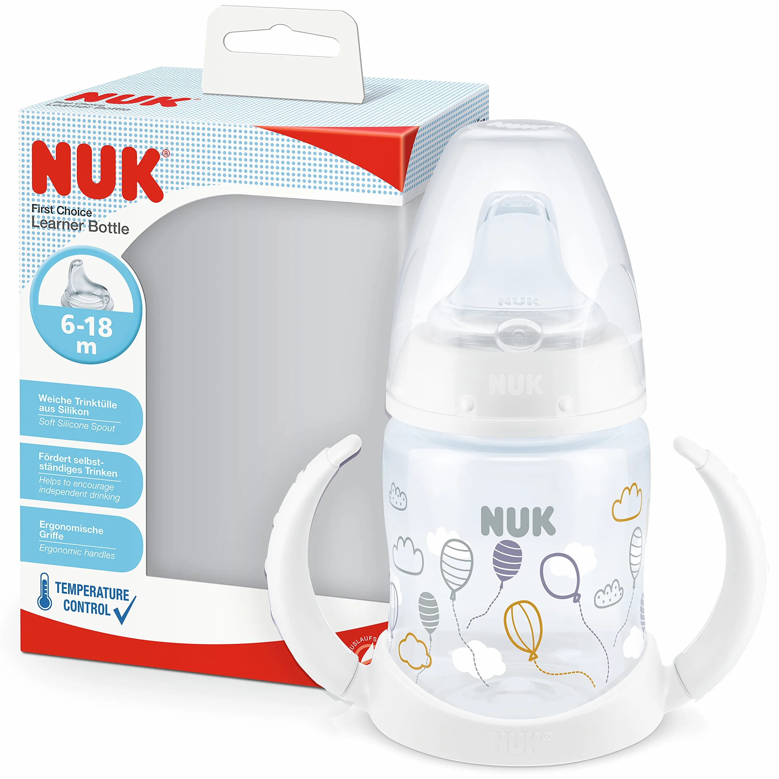 NUK First Choice Tasse d’Apprentissage 150 ml 6-18 mois Poignées ergonomiques Bec verseur silicone Étanche Anti-colique Contrôle température Blanc