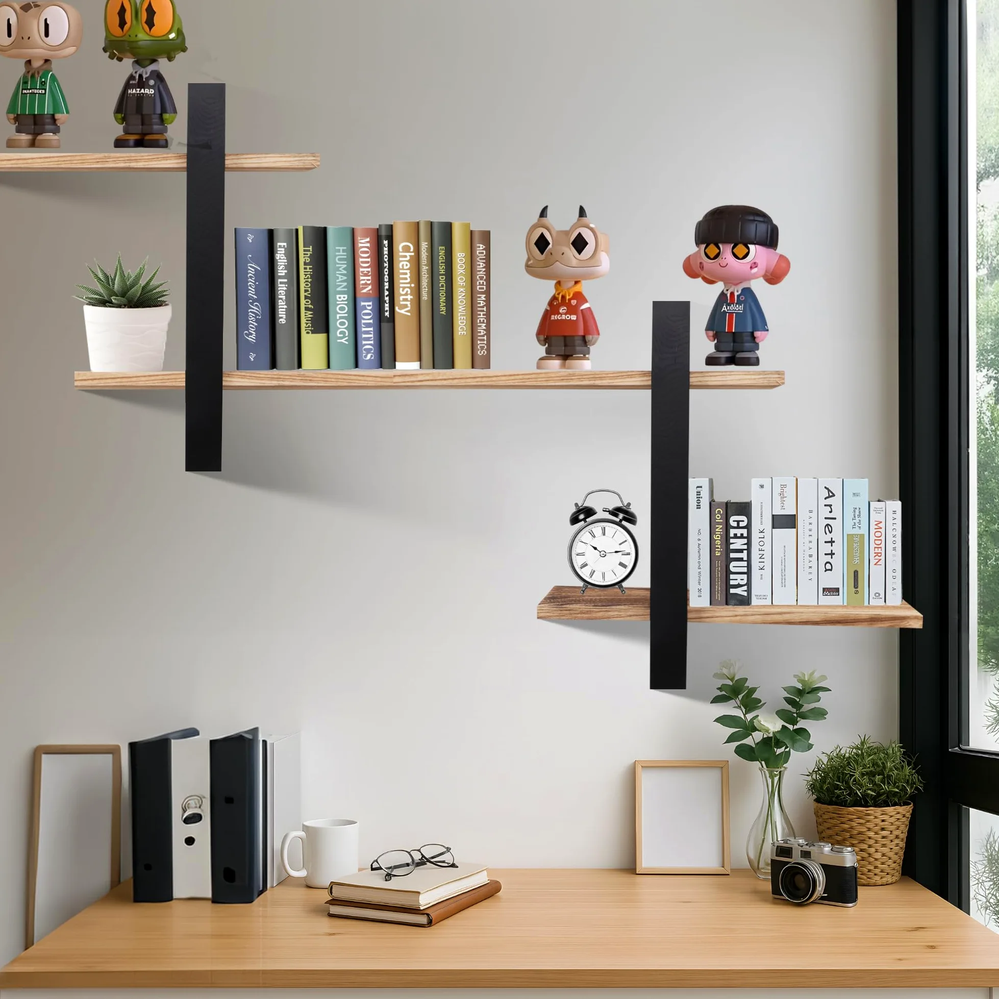 Lot de 2 étagères murales de rangement et de présentation pour salon, chambre à coucher, salle de bain, cuisine et bureau (noir + noir carboné)