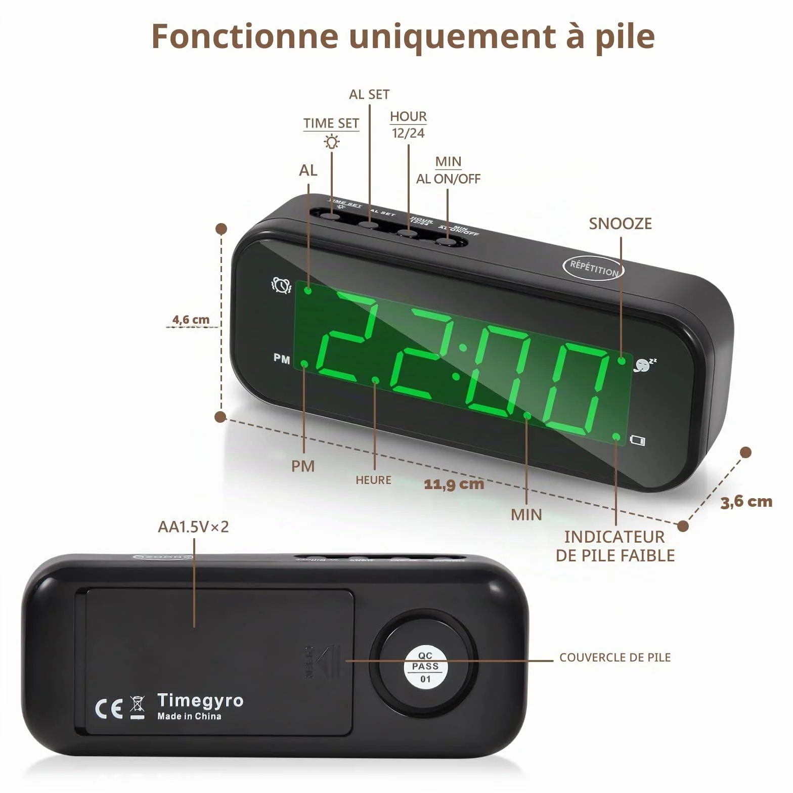 Horloge numérique LED à Piles avec Réveil Snooze - Petite Horloge de Bureau