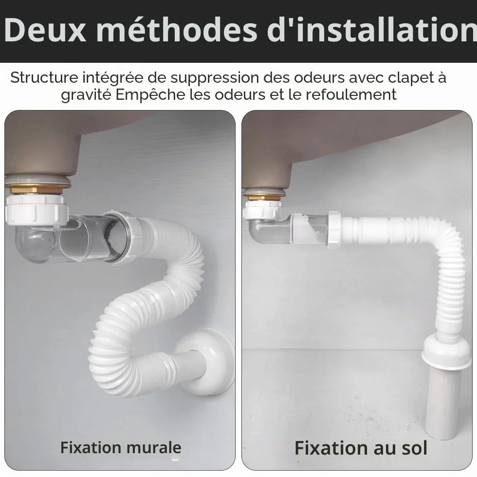 Siphon Lavabo Evier Cuisine 1 1/4 Zoll Plastique Gain de Place Adaptable à l'épreuve des Odeurs Tuyau de Vidange Flexible Universel