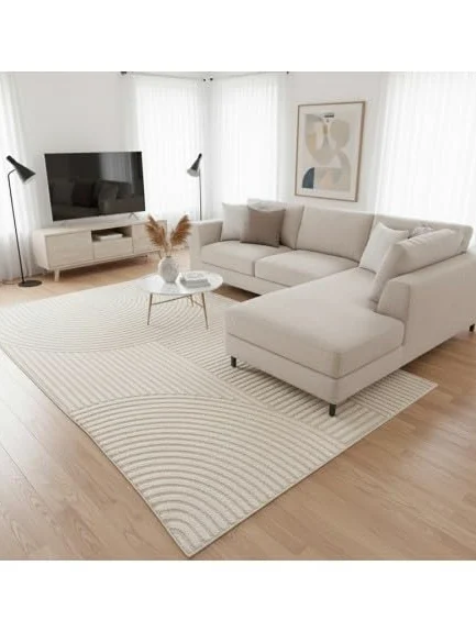 Tapis Moderne à Relief Graphique avec Texture sculptée et Lignes arrondies - Dimension 120x170 cm, Couleur Beige