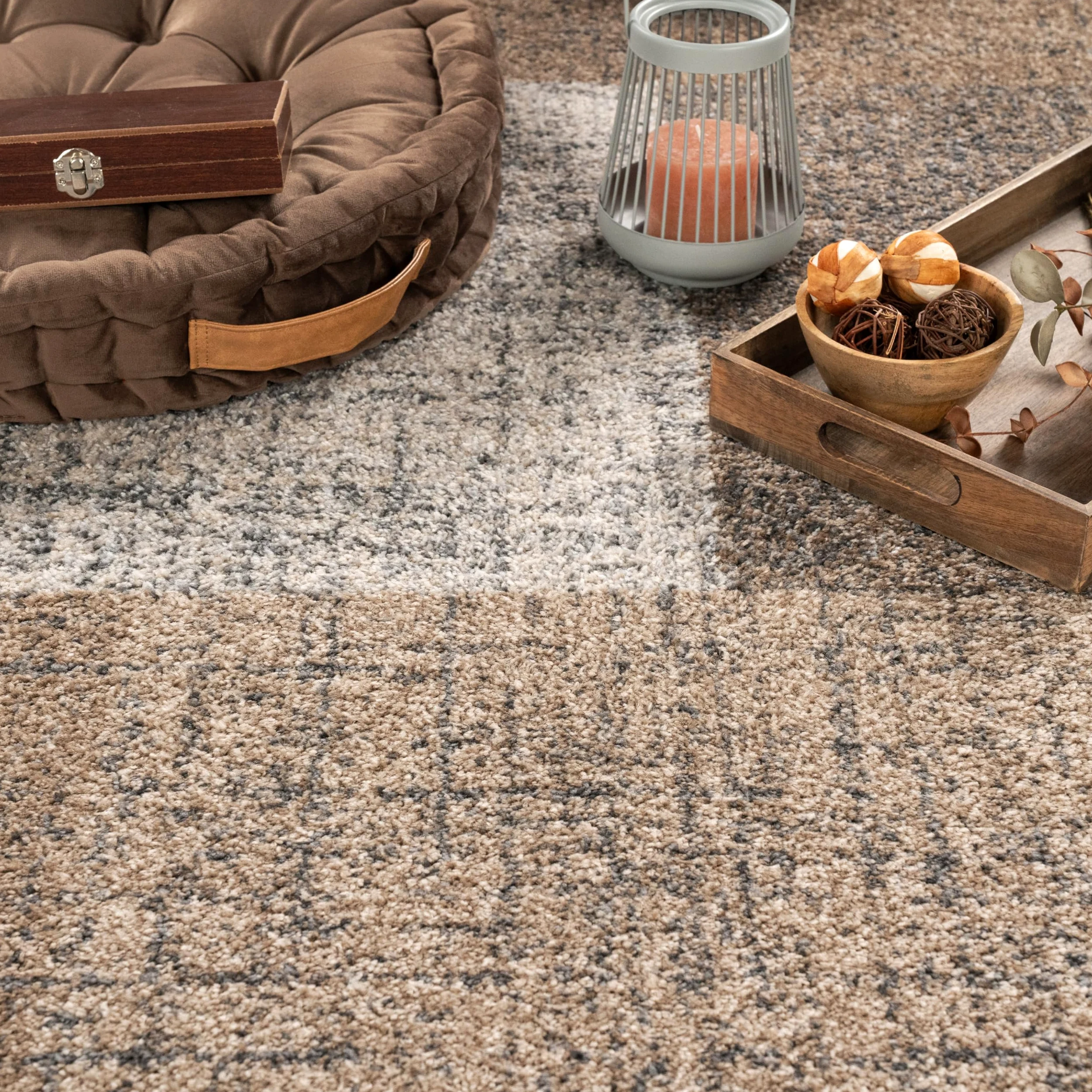 Paco Home Tapis Moderne à Carreaux Poils Courts Moucheté Brun Crème, Dimension:140x200 cm