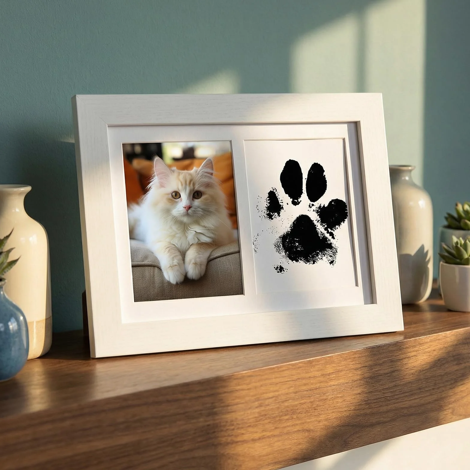 Cadre Photo Bois Empreinte Chien Chat Bébé avec Tampons Encreurs et Cartes d'Impression