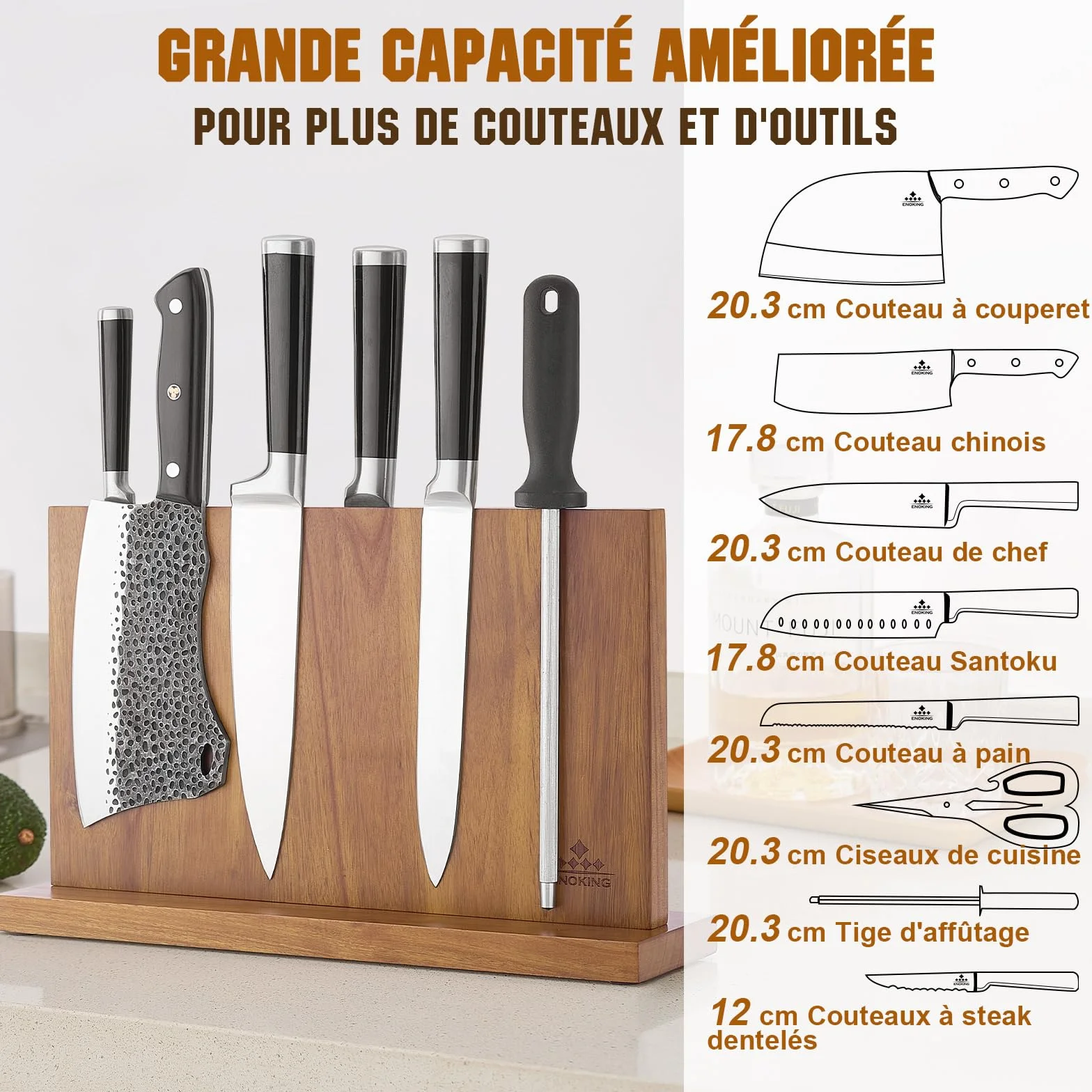 ENOKING Bloc à Couteaux Magnétique 38,6 x 23 cm Double Face Bois d'Acacia