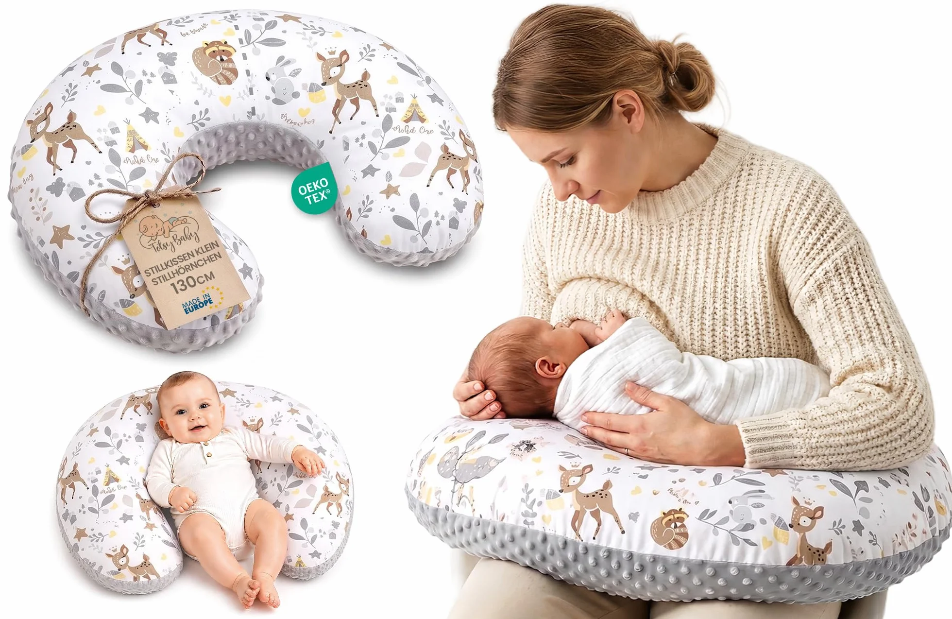 Totsy Baby Coussin Allaitement Grossesse 130 cm Oeko-Tex Cerf Gris