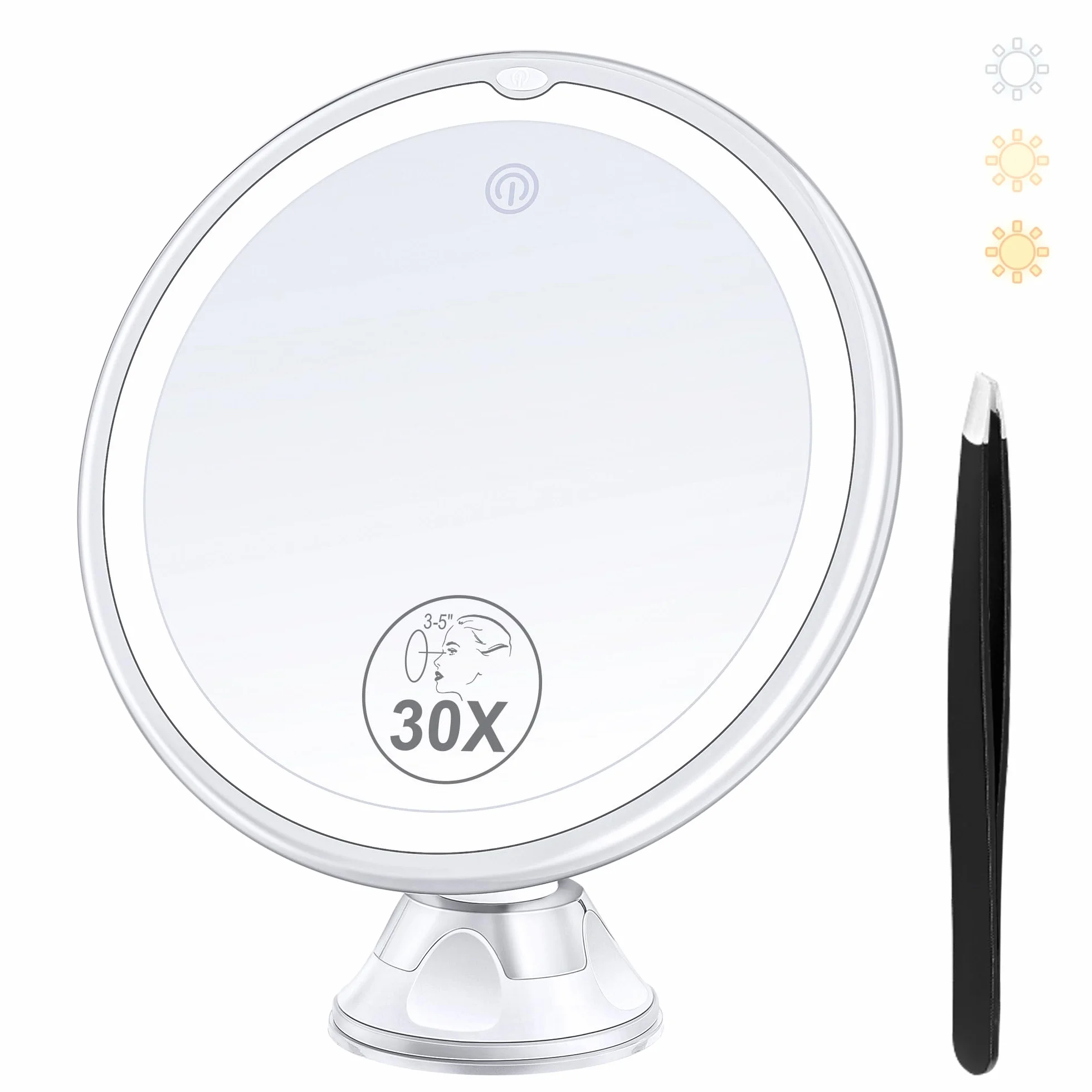 Miyadiva Miroir Grossissant 30X Lumière, Miroir Salle de Bain Ventouse 20cm, 3 Modes Couleurs Luminosité Ajustable