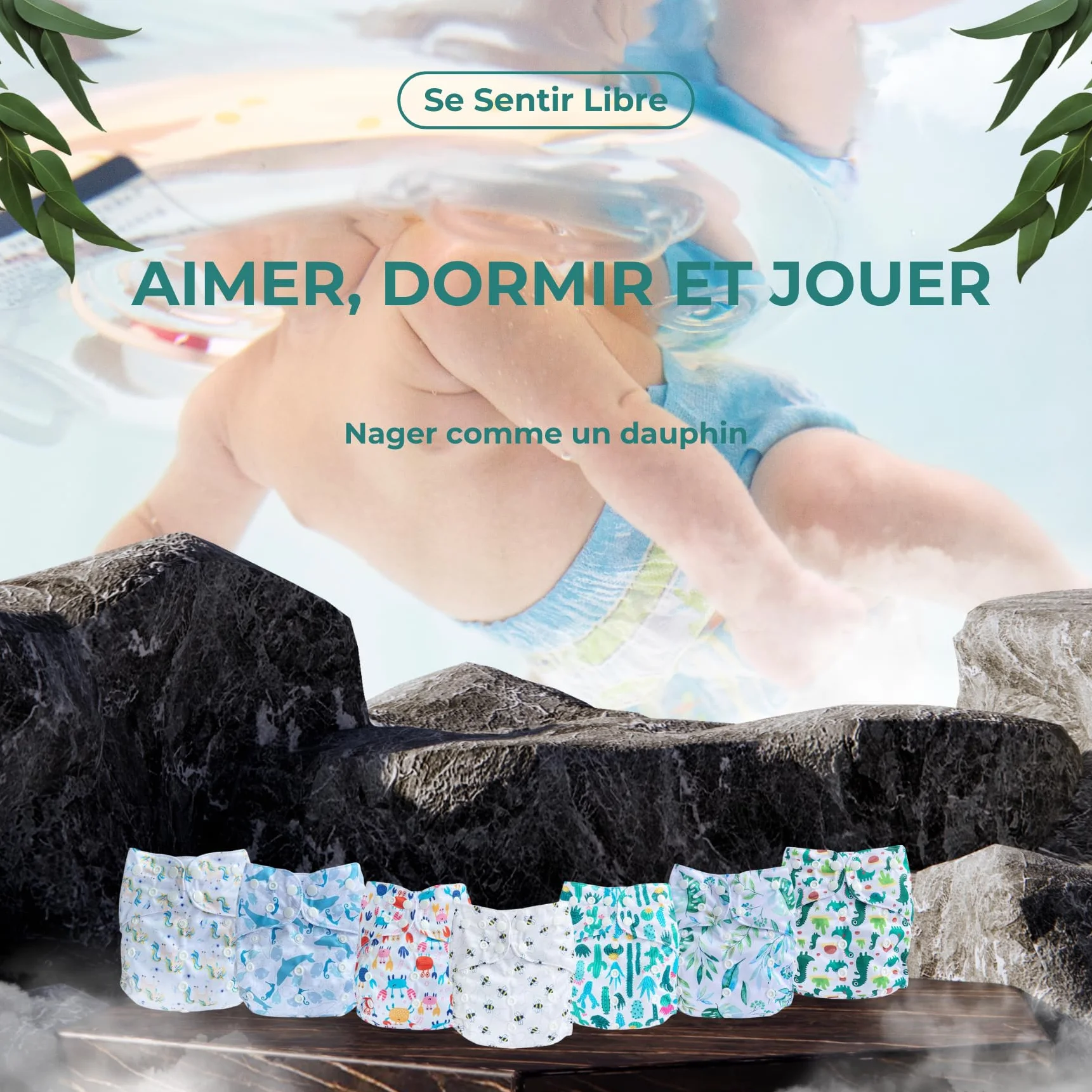 Couche Piscine Bébé Étanche Réglable Maillot de Bain Lavable Réutilisable Écologique Dauphin