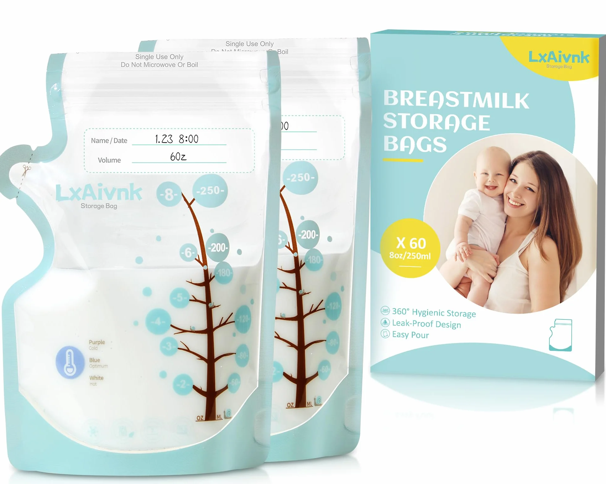 Sac de stockage de lait maternel détectant la température 60pcs 8oz 250ml sans fuite design fin résistant