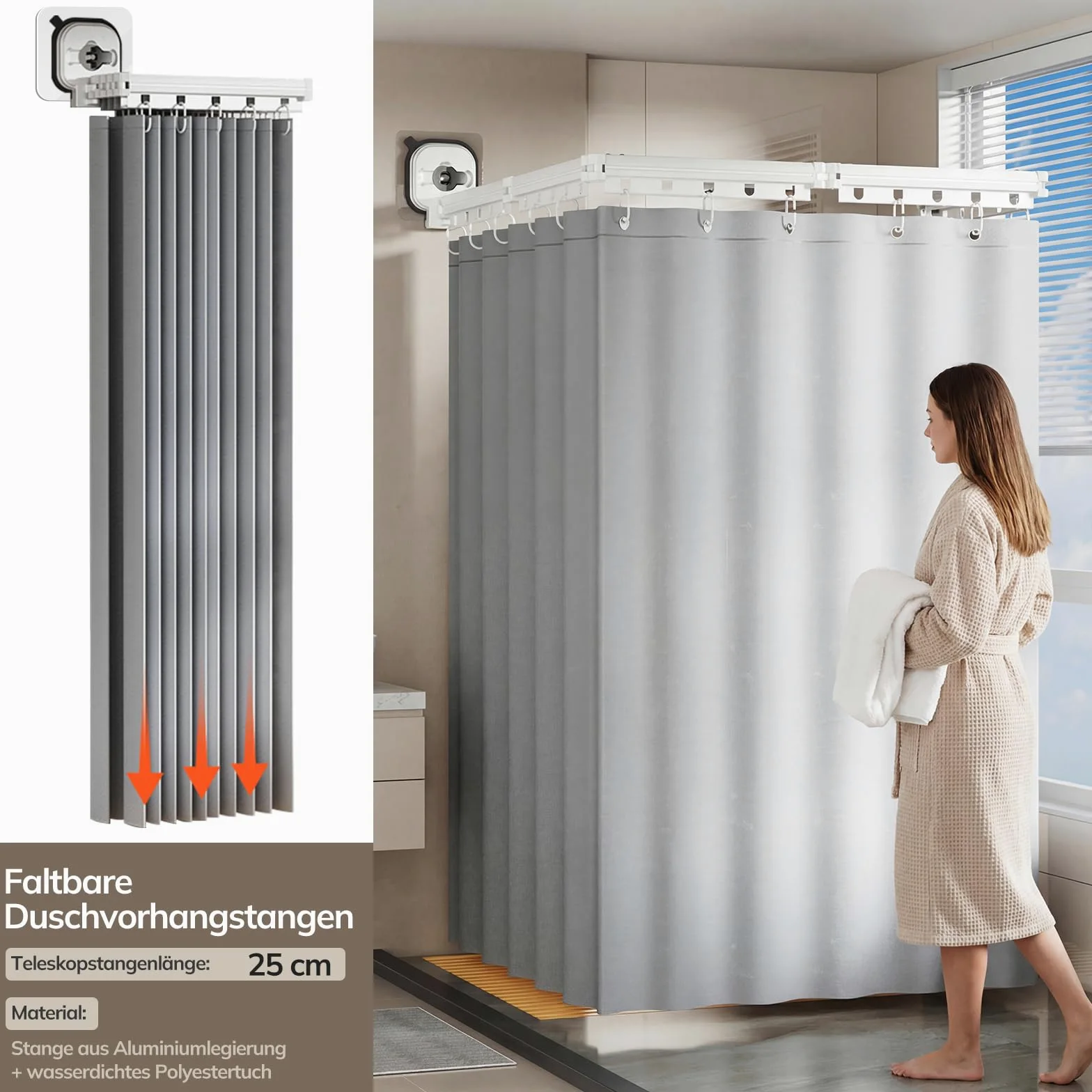 Rideau De Douche Sans Perçage, Tringle à Rideau De Douche Pliable Avec Ventouses, Rideau Douche (1,8x2m), Tige d'Angle avec Anneaux, pour Salles de Bain, Baignoire, Vestiaires(4 Plis)