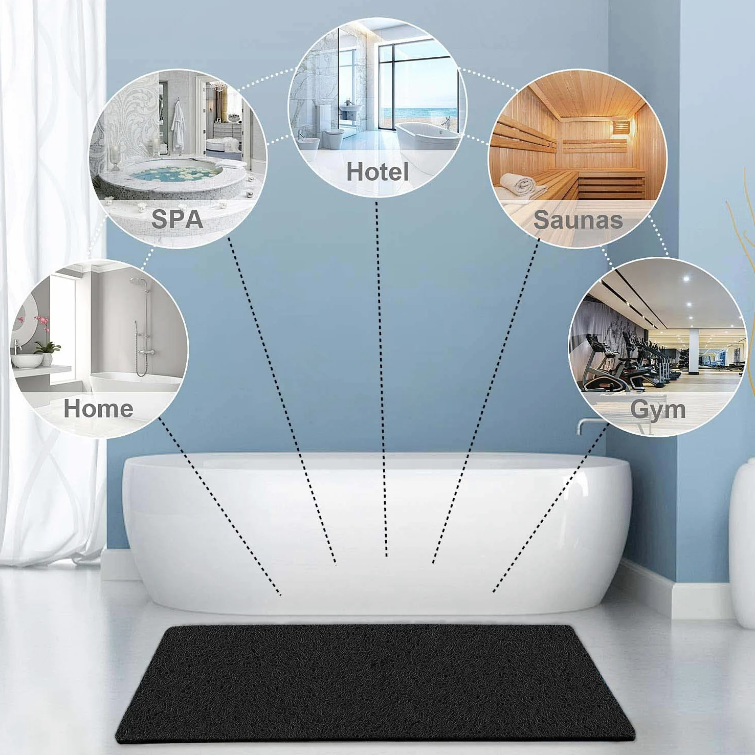 Tapis de douche extra large, antidérapant et sans ventouses - tapis de bain pour surface de baignoire texturée - tapis en luffa à séchage rapide pour douche et salle de bain (60 x 120 cm, noir)