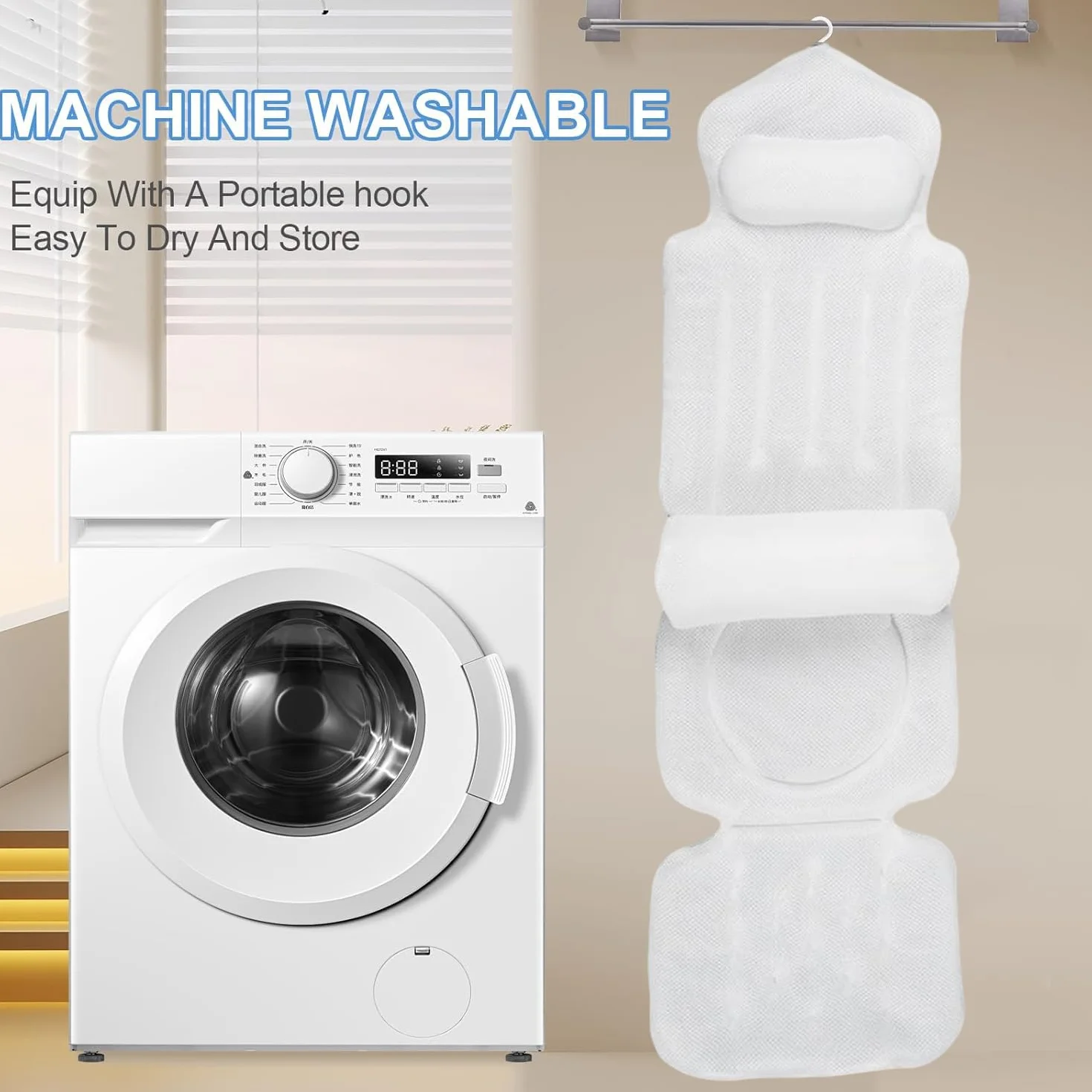 Coussin de Bain avec Soutien Lombaire Amovible et Sac à Linge, Confort Détente, Blanc