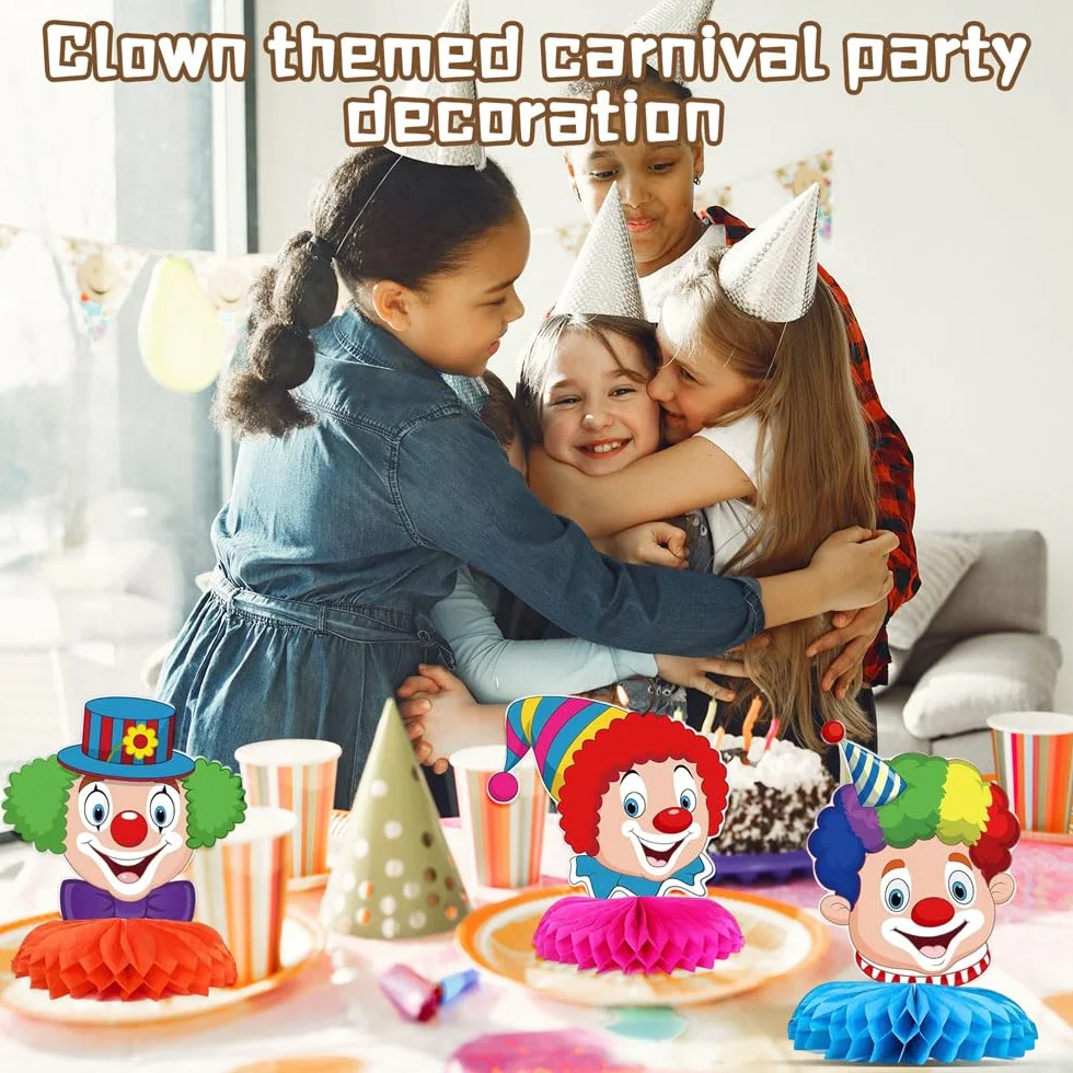 Décoration de Carnaval Clown, 9 Pièces Décorations de Table Nid d'Abeille 3D, Cirque Animal, Anniversaire (6Pcs)