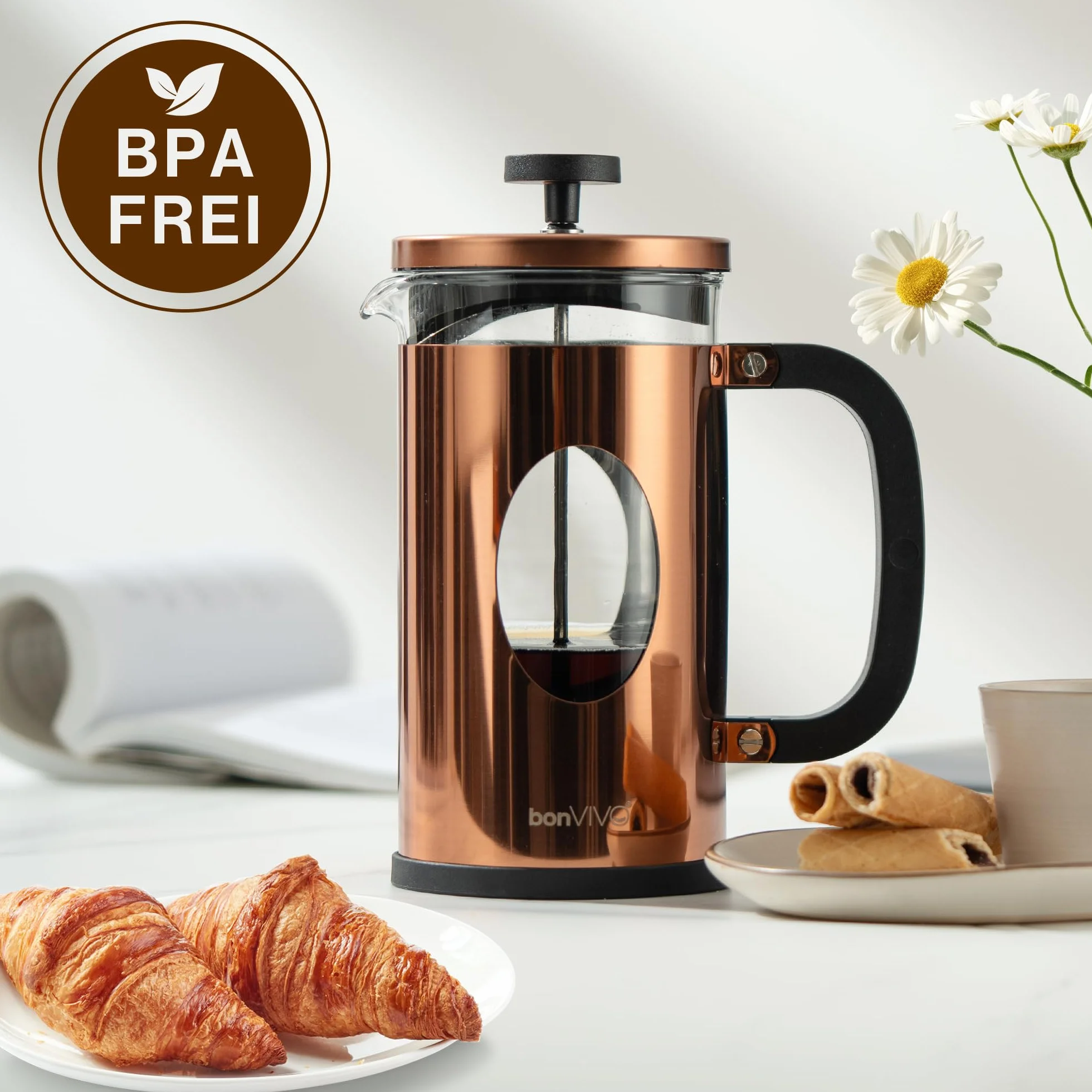 BonVIVO Cafetière à Piston 1L Inox Verre Thermorésistant French Press avec Filtres de Rechange Finition Cuivre