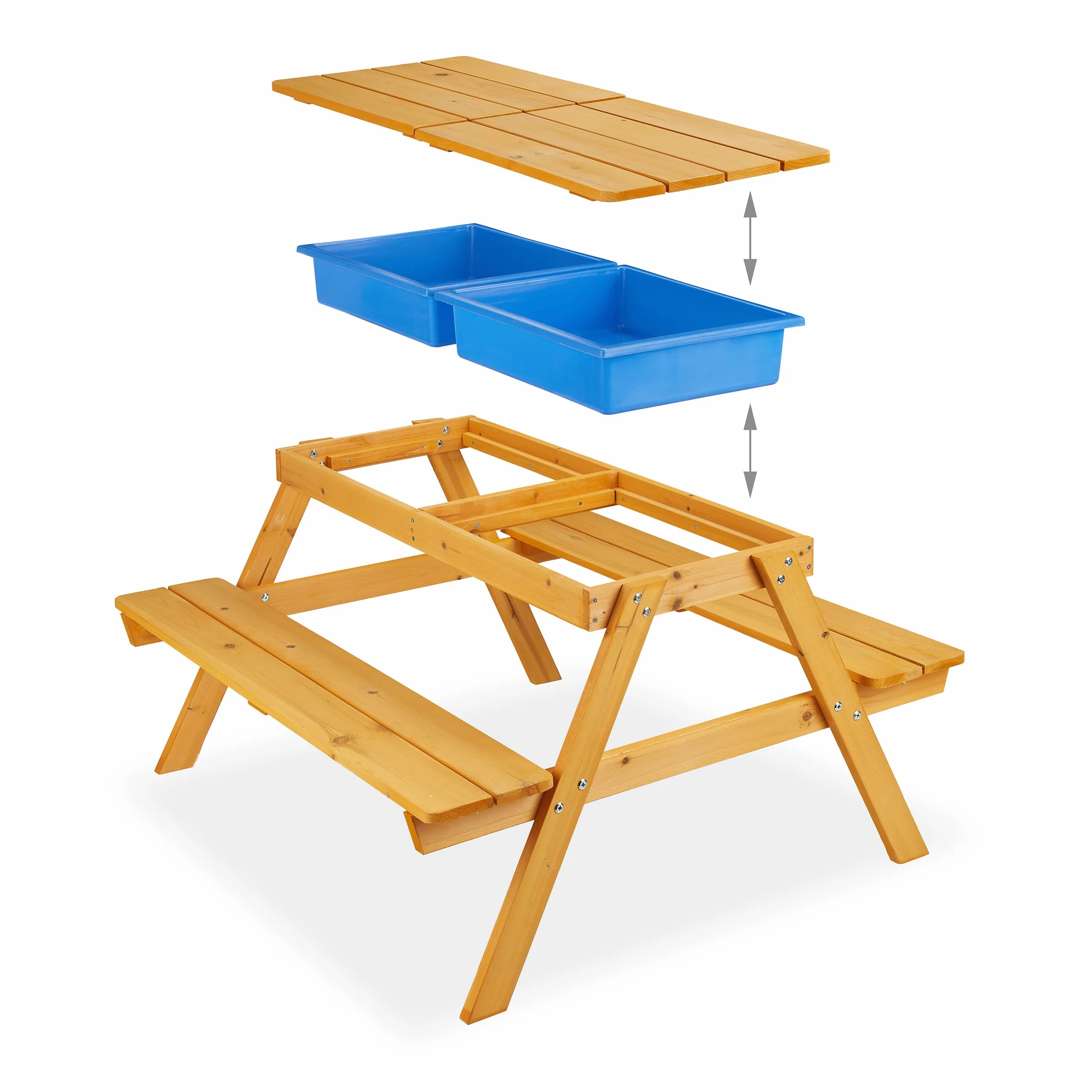 Relaxdays Table de Jardin pour Enfants, en Bois, bacs pour Jouer avec l Eau et Le Sable, Parasol Inclus, Orange